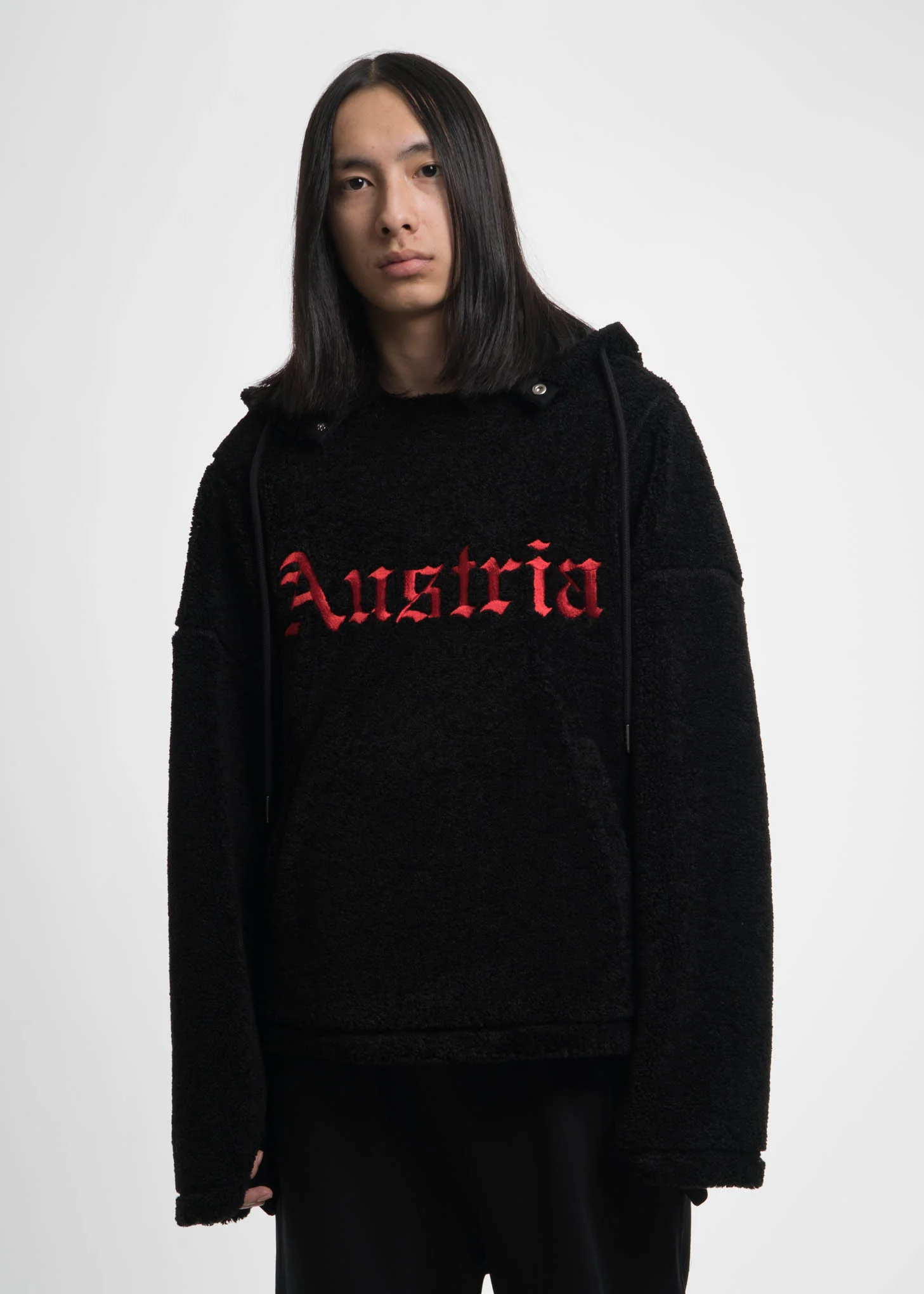 Black Embroidered Sherpa Hoodie