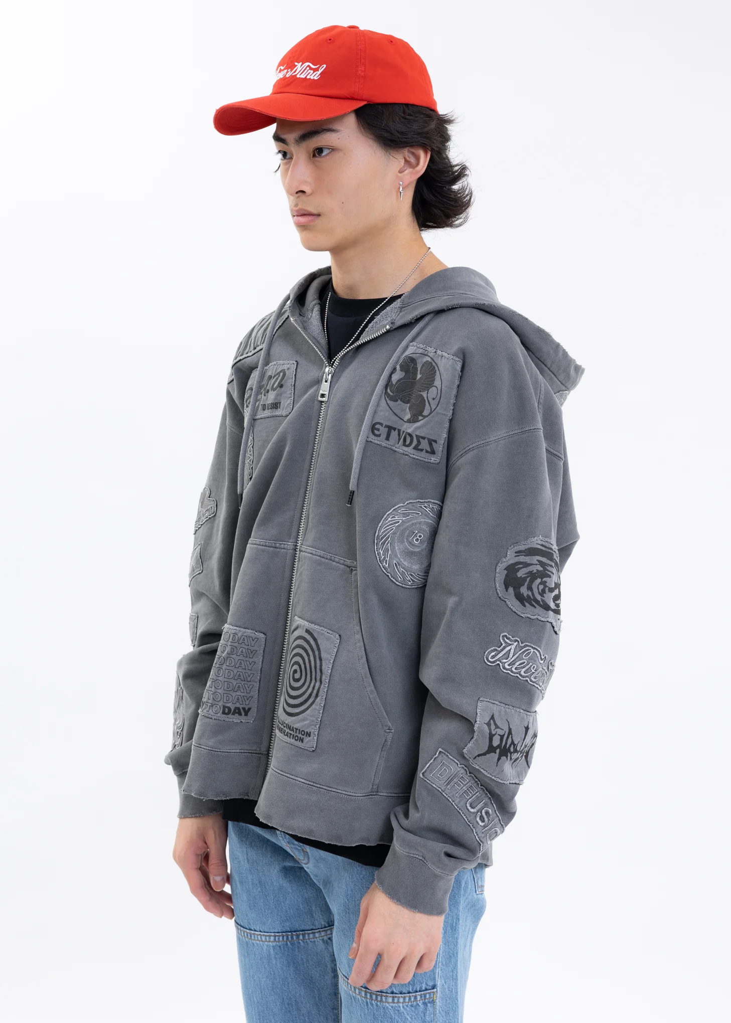 Washed Black EXTRA HOOD ZIPPED PATCH Hoodies - Image 3