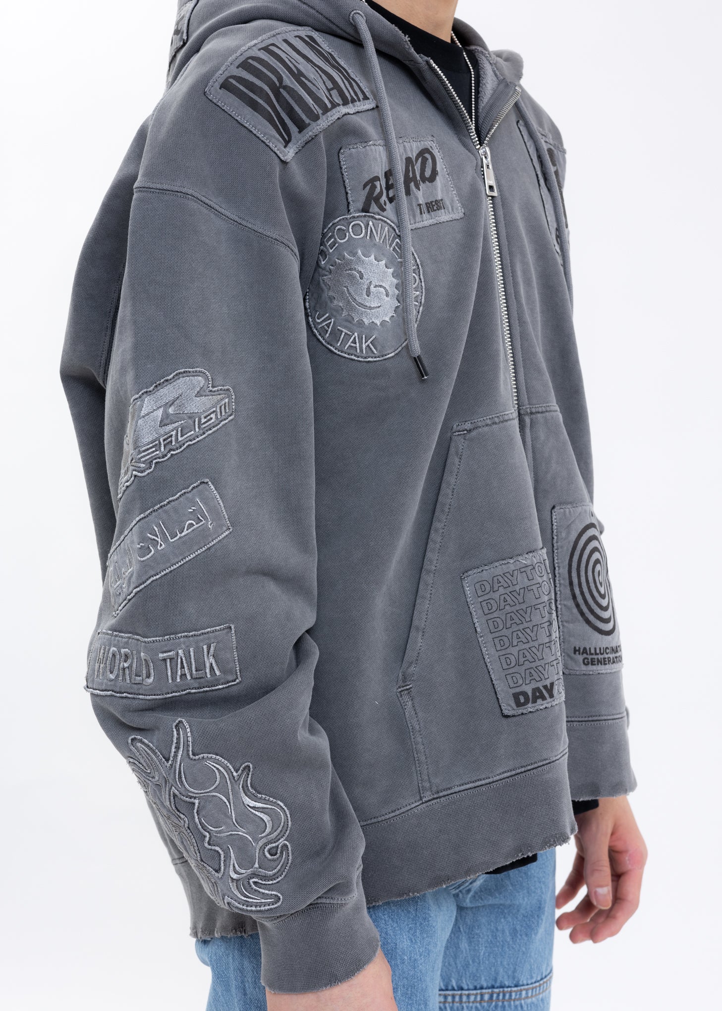 Washed Black EXTRA HOOD ZIPPED PATCH Hoodies - Image 5