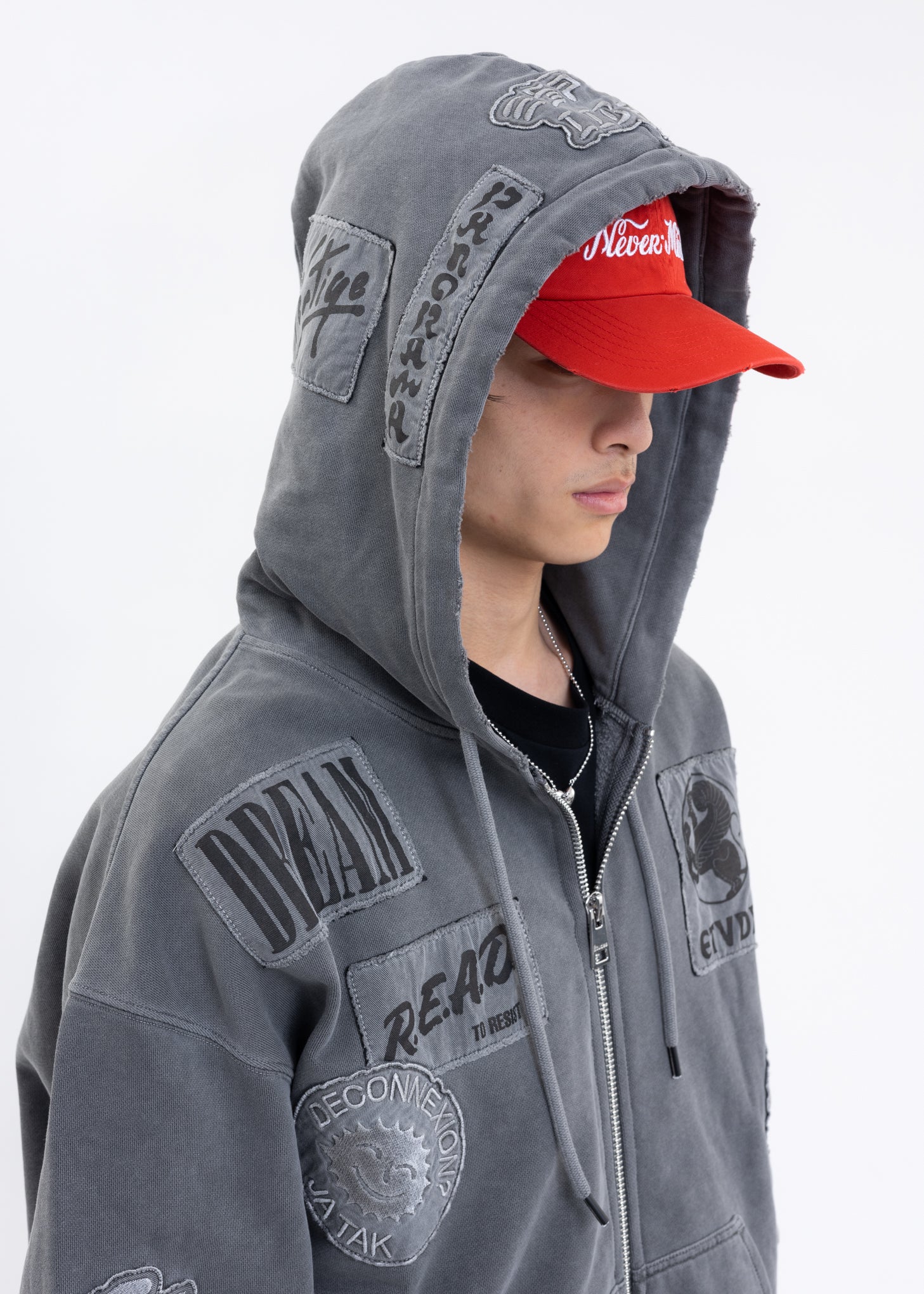 Washed Black EXTRA HOOD ZIPPED PATCH Hoodies - Image 6