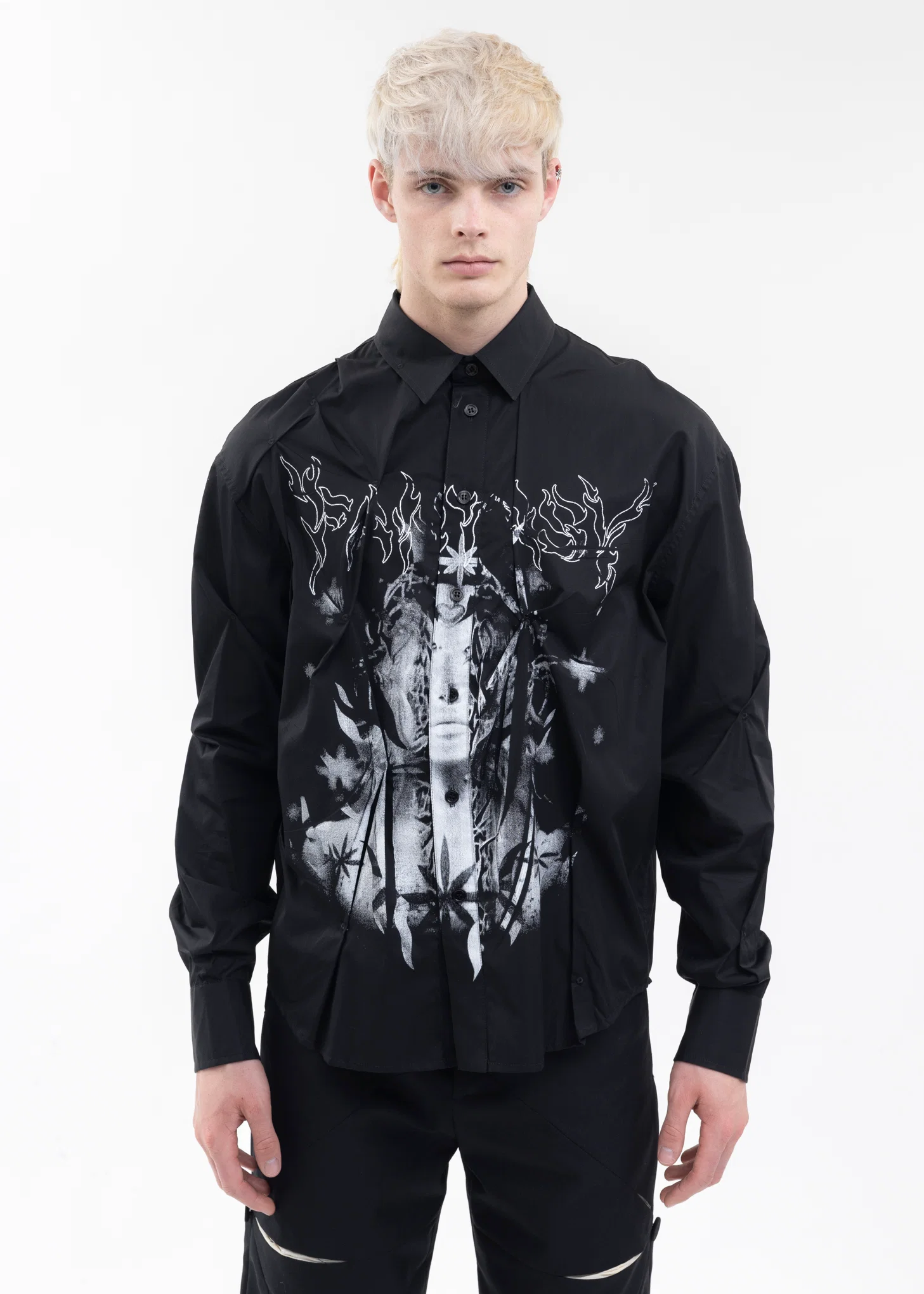 BLACK EYELET SHIRT WITH WHITE PRINT