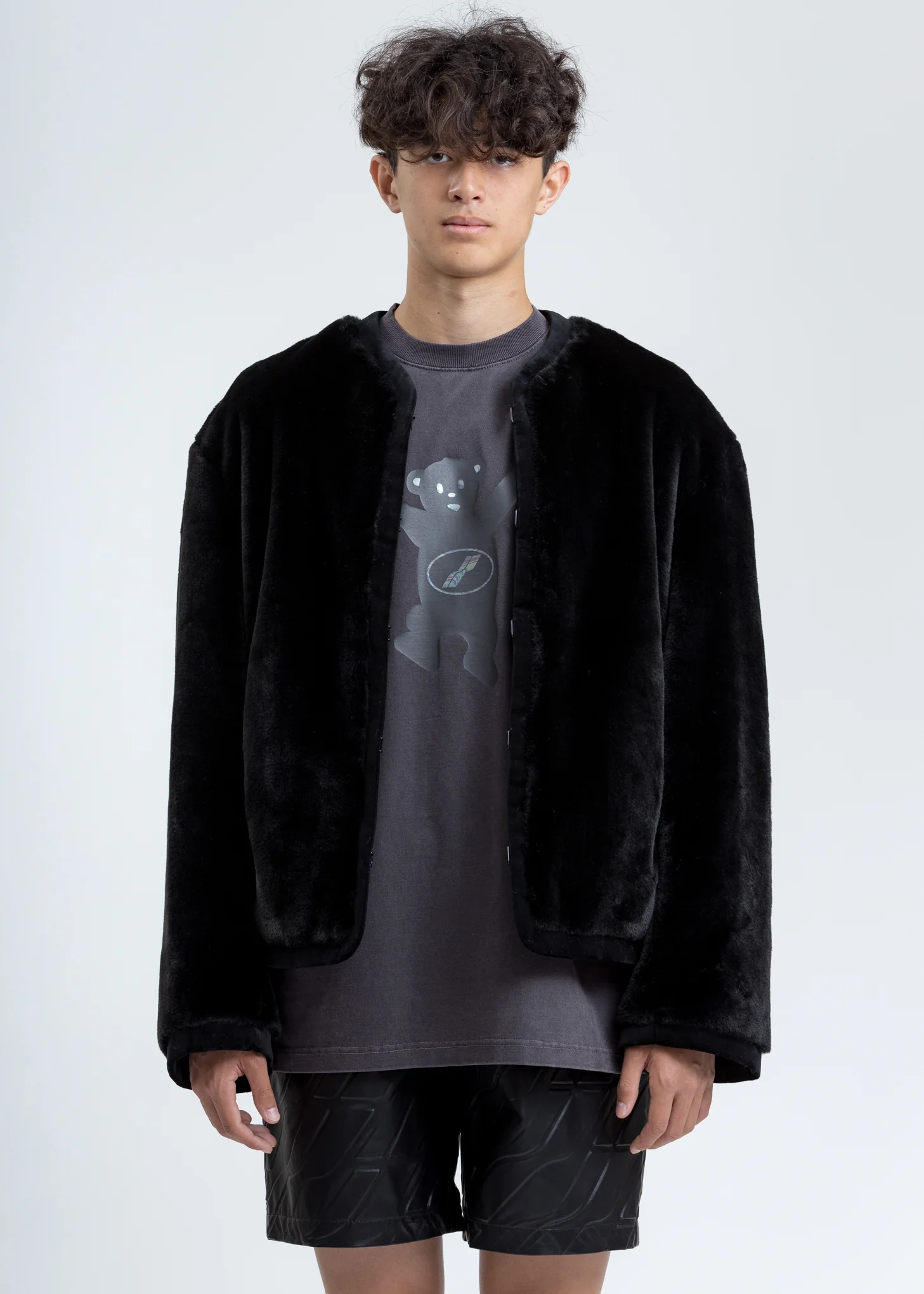 Black Faux Fur Round Neck Jacket - Image 6