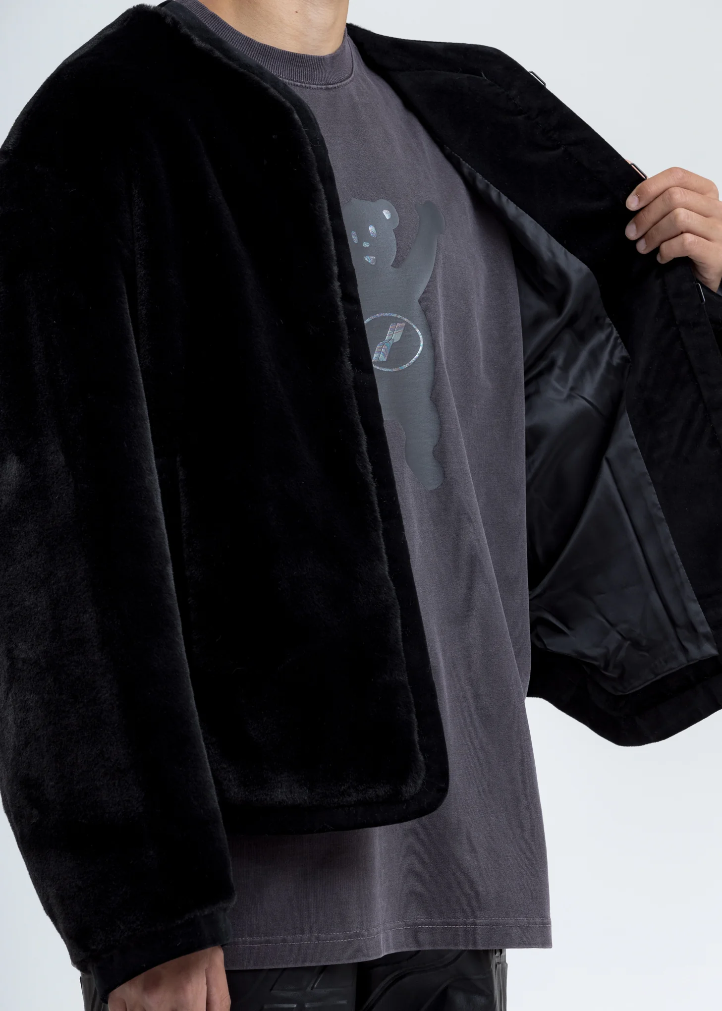 Black Faux Fur Round Neck Jacket - Image 7