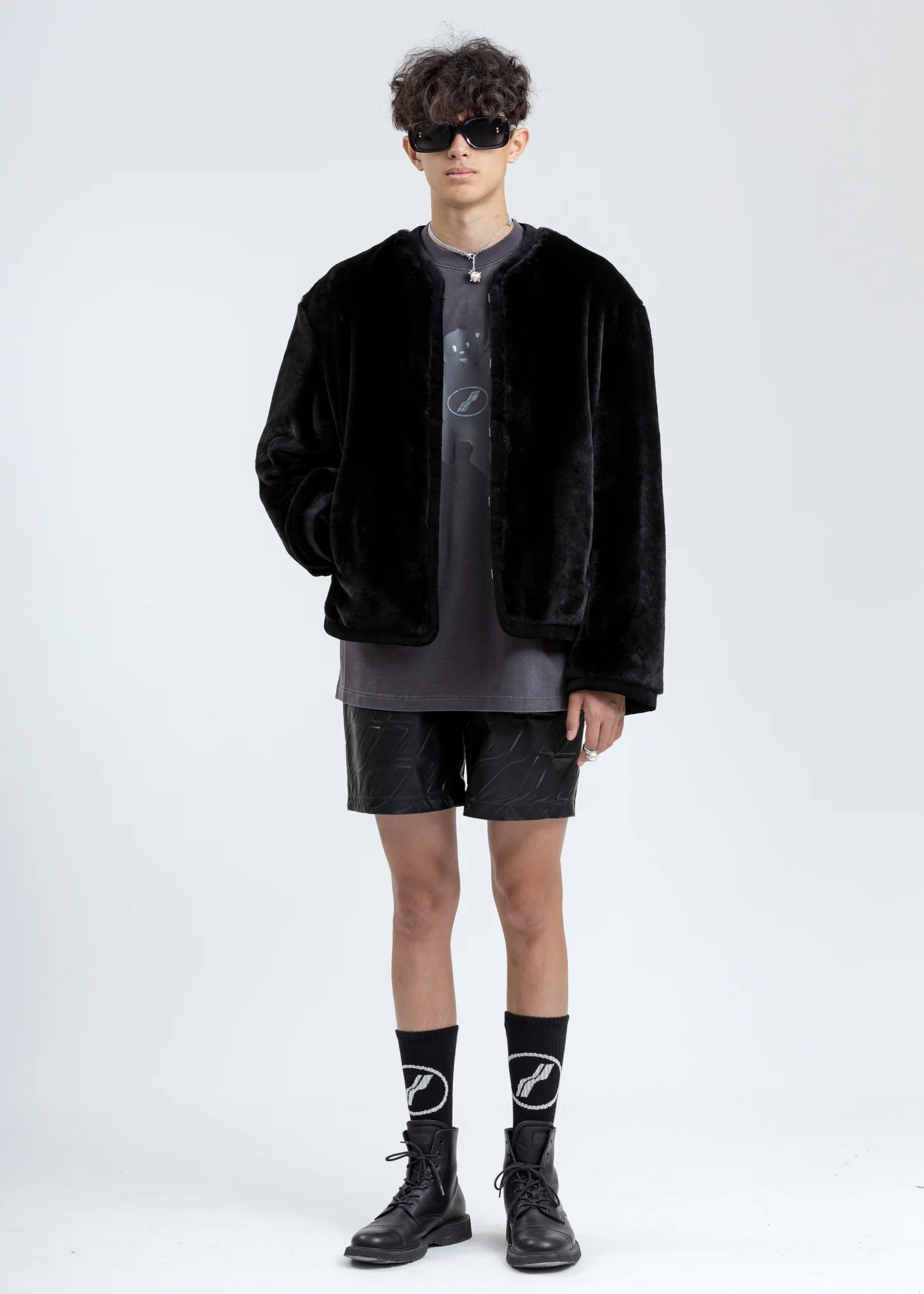 Black Faux Fur Round Neck Jacket - Image 8