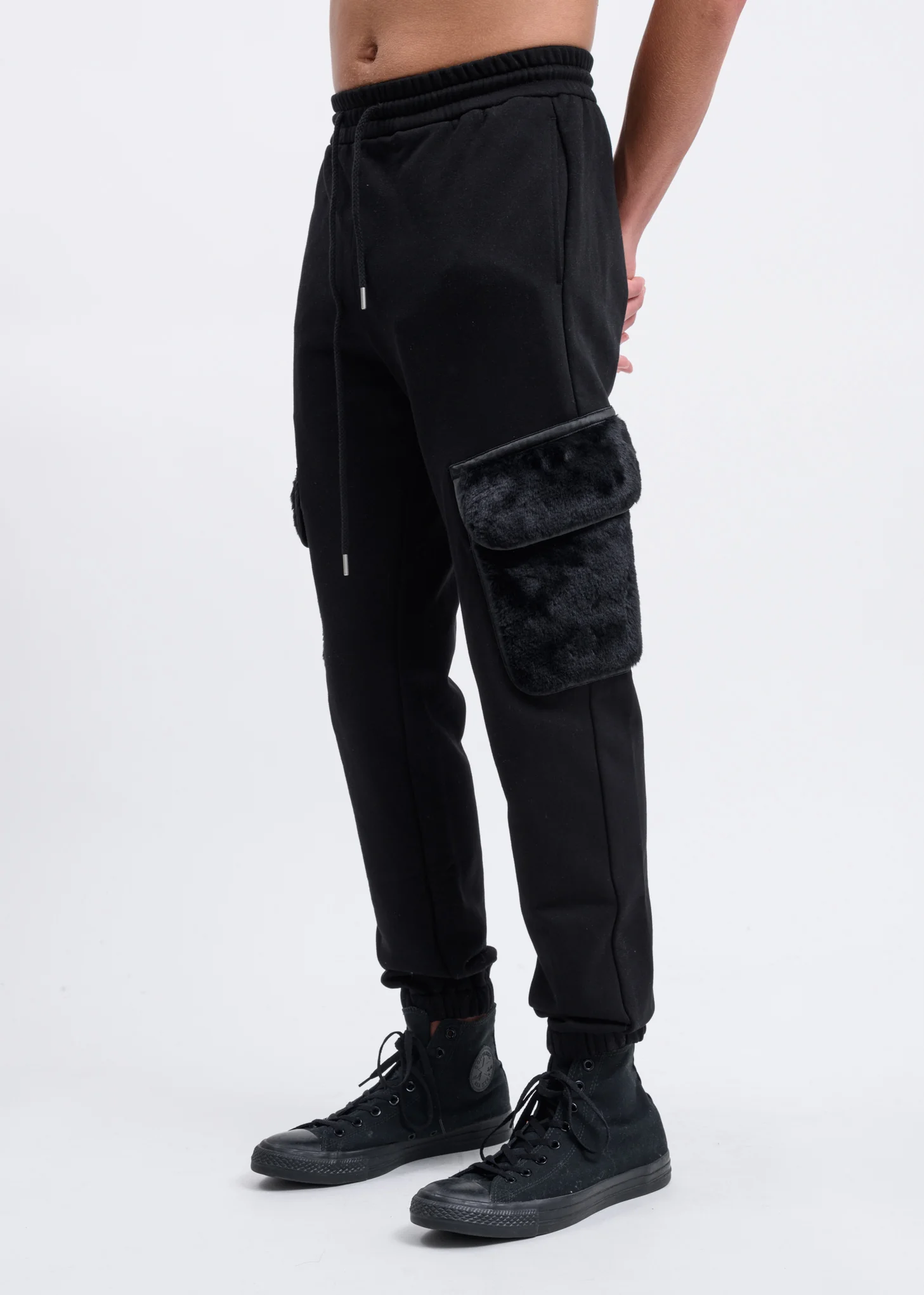 Black Faux-Fur Patch Cargo Pants