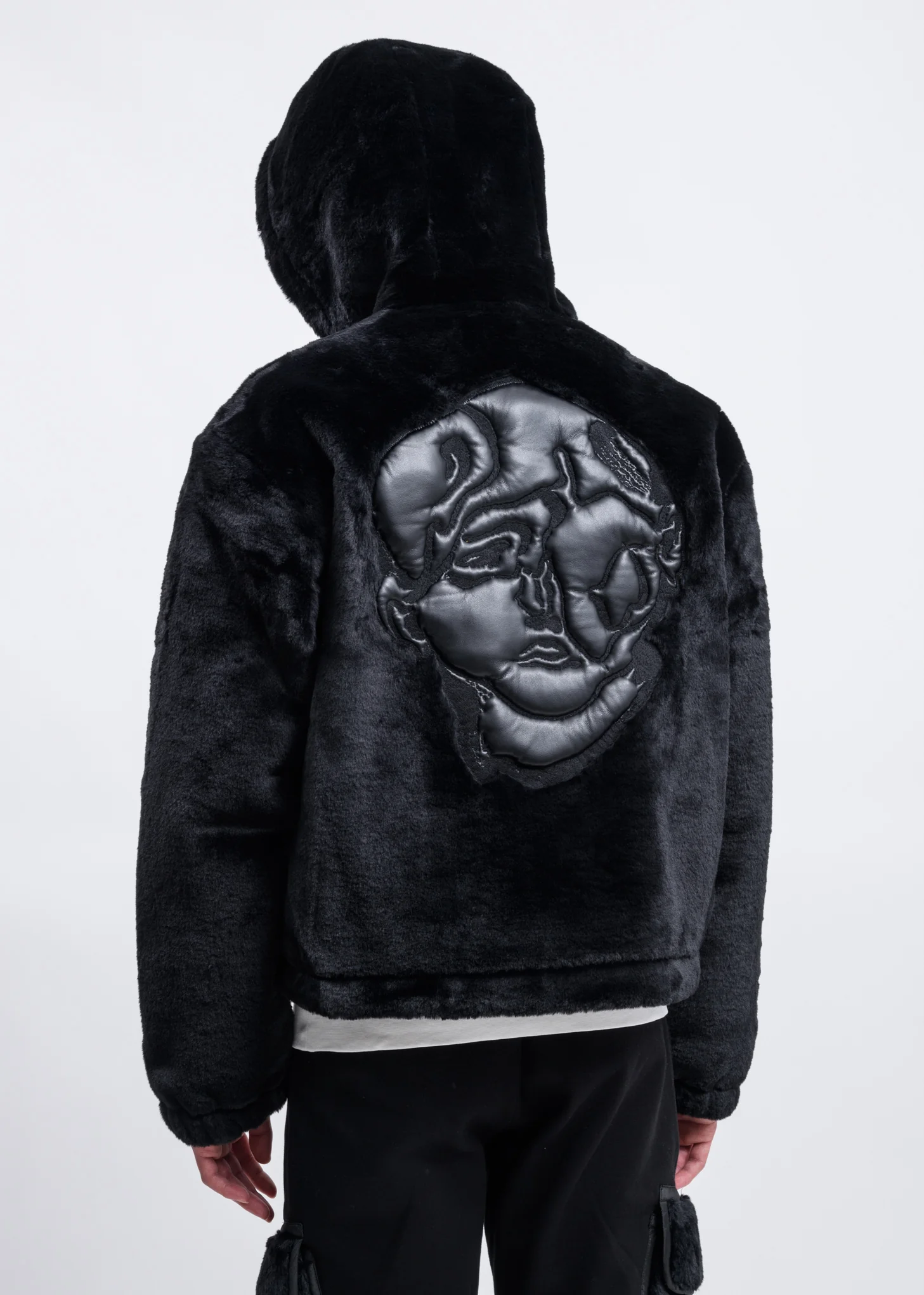 Black Faux Fur Zip-Up Embroidered Hoodie - Image 2
