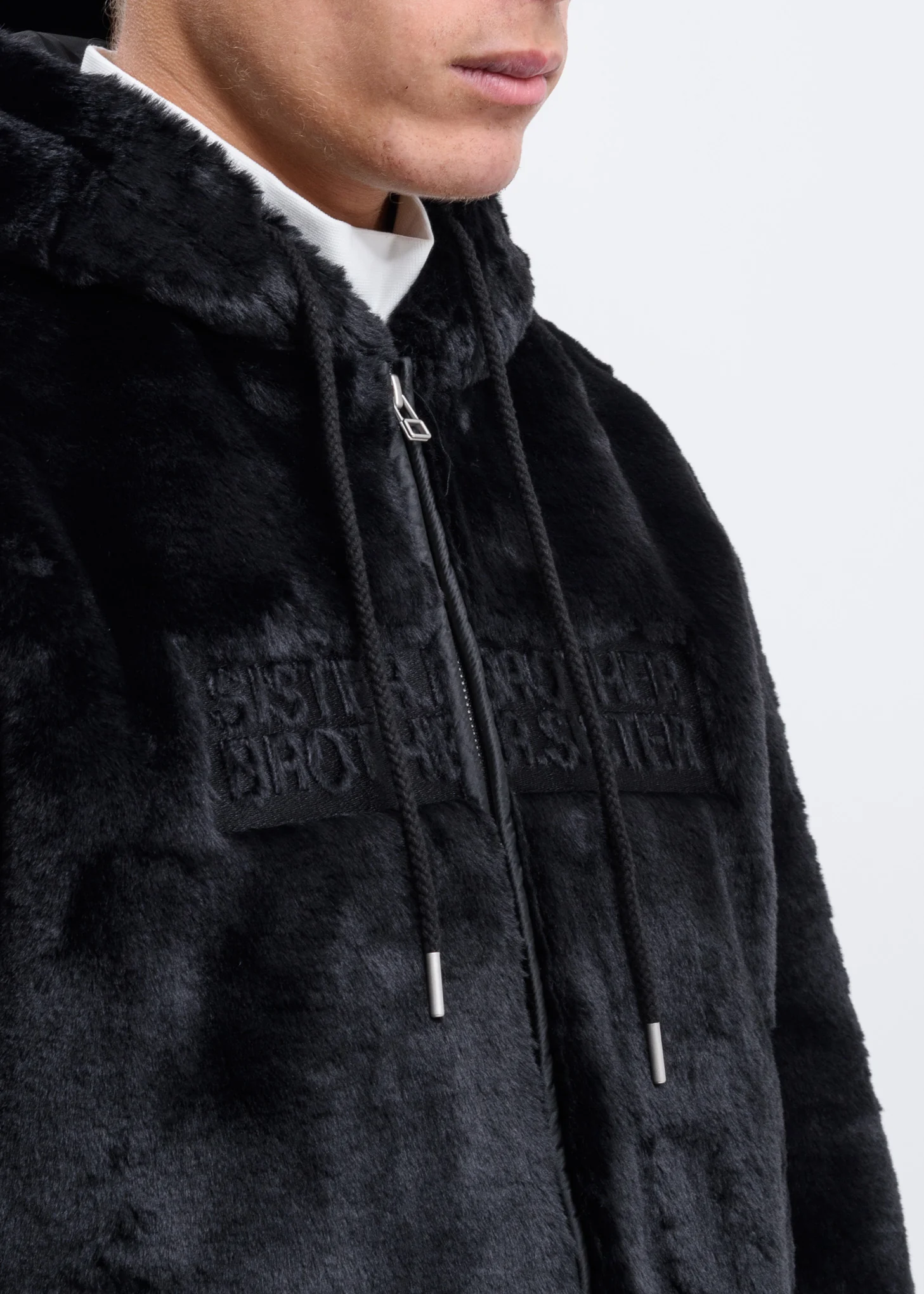 Black Faux Fur Zip-Up Embroidered Hoodie - Image 3