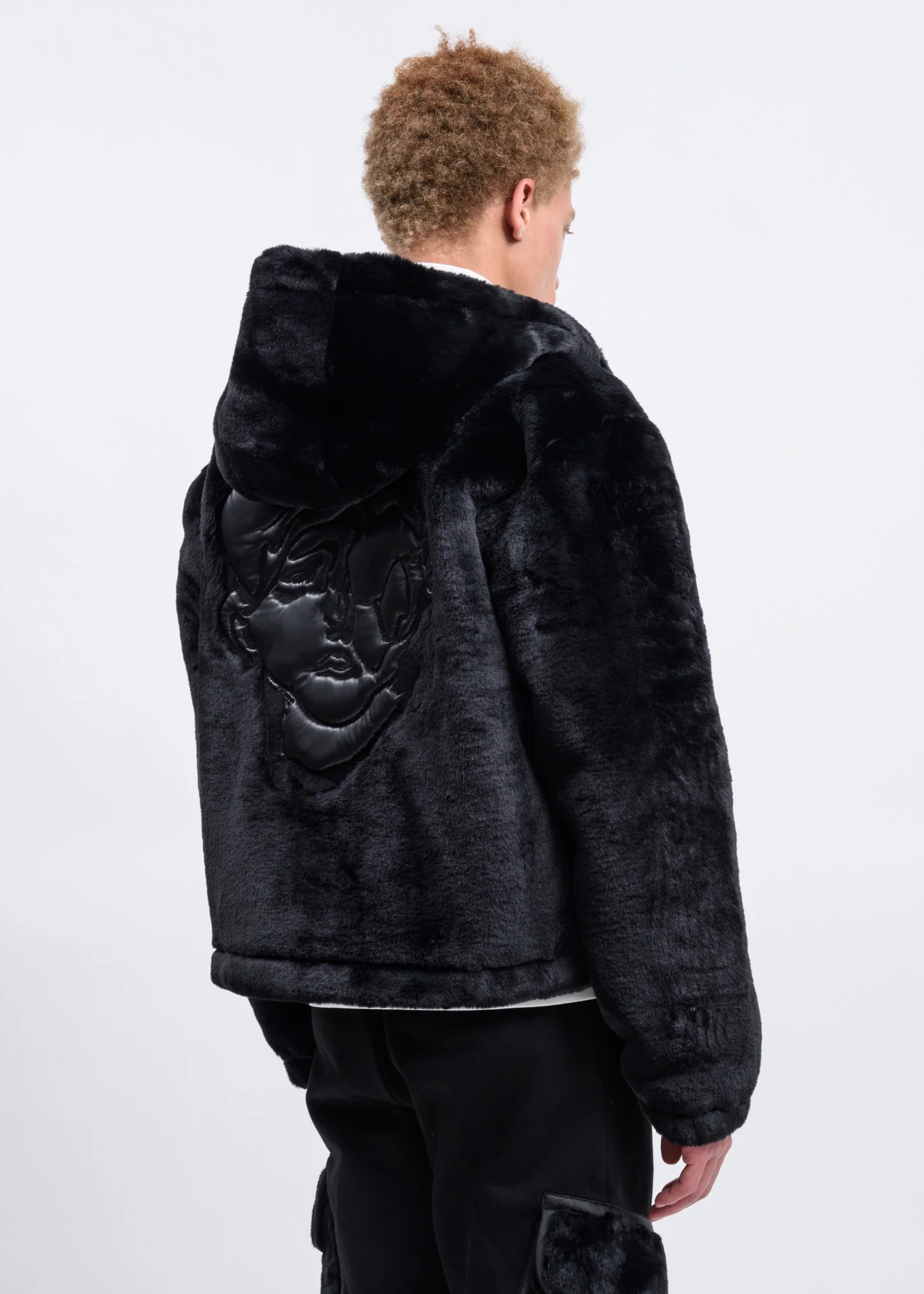 Black Faux Fur Zip-Up Embroidered Hoodie - Image 4