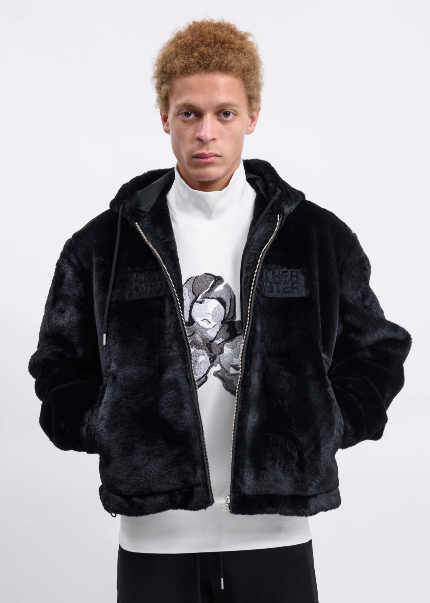 Black Faux Fur Zip-Up Embroidered Hoodie - Image 5