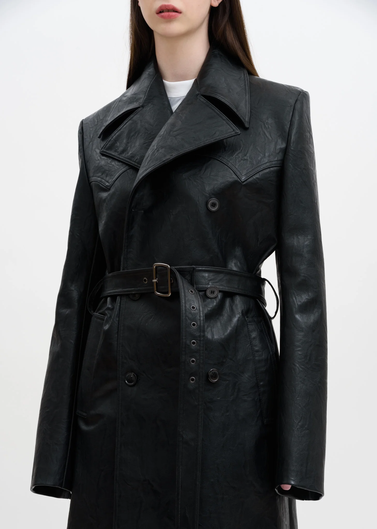Black Faux Leather Condom Trench Coat - Image 8