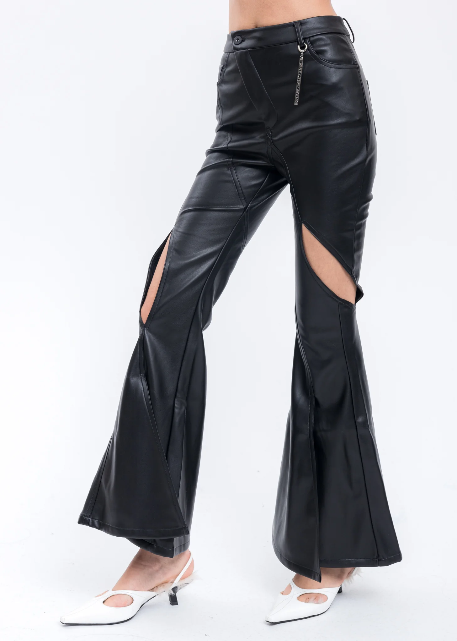 Black Faux Leather Flared Trousers - Image 3