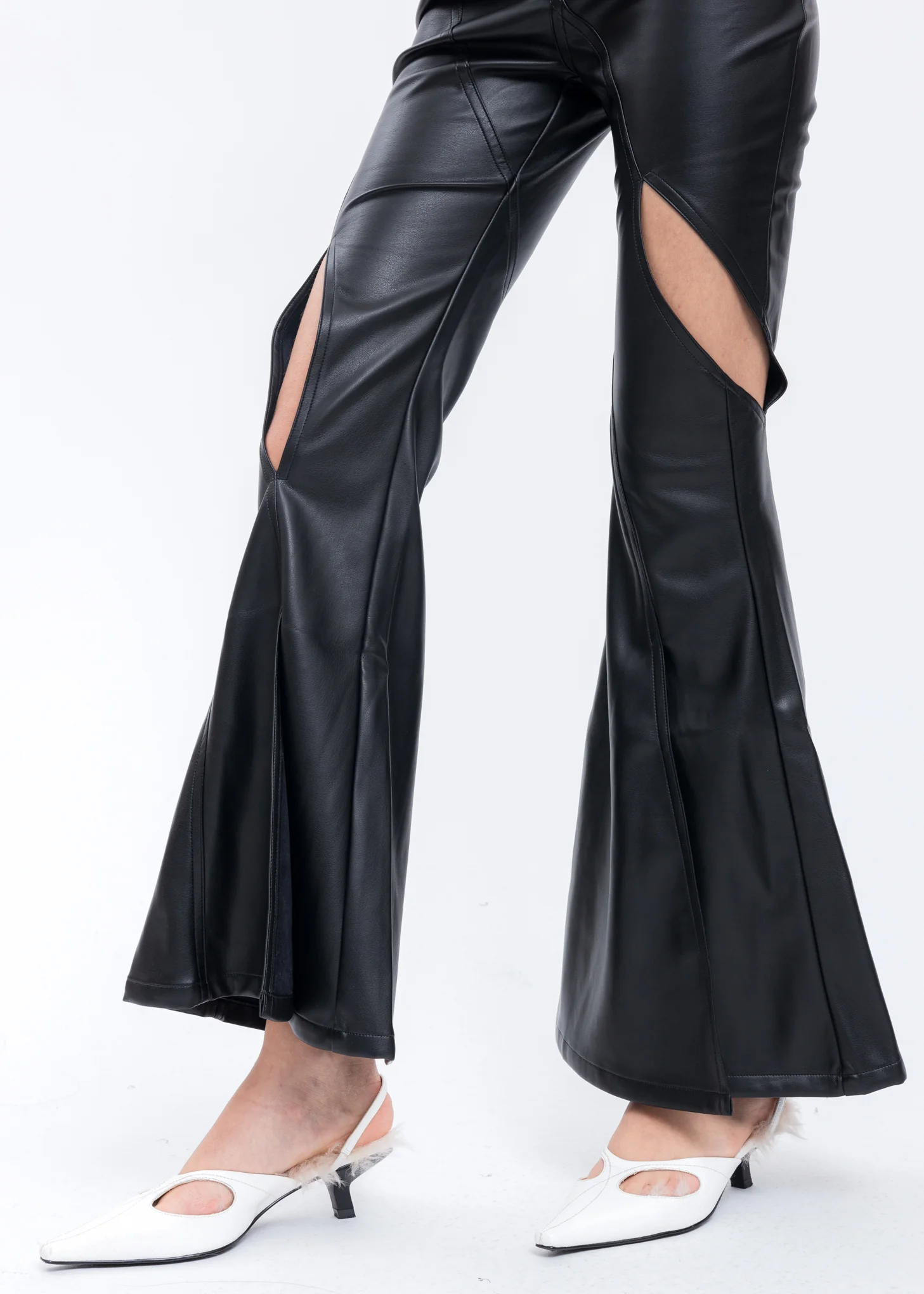 Black Faux Leather Flared Trousers - Image 6