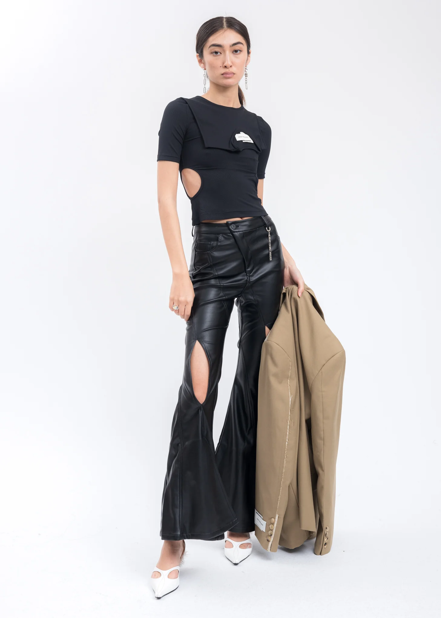 Black Faux Leather Flared Trousers - Image 7