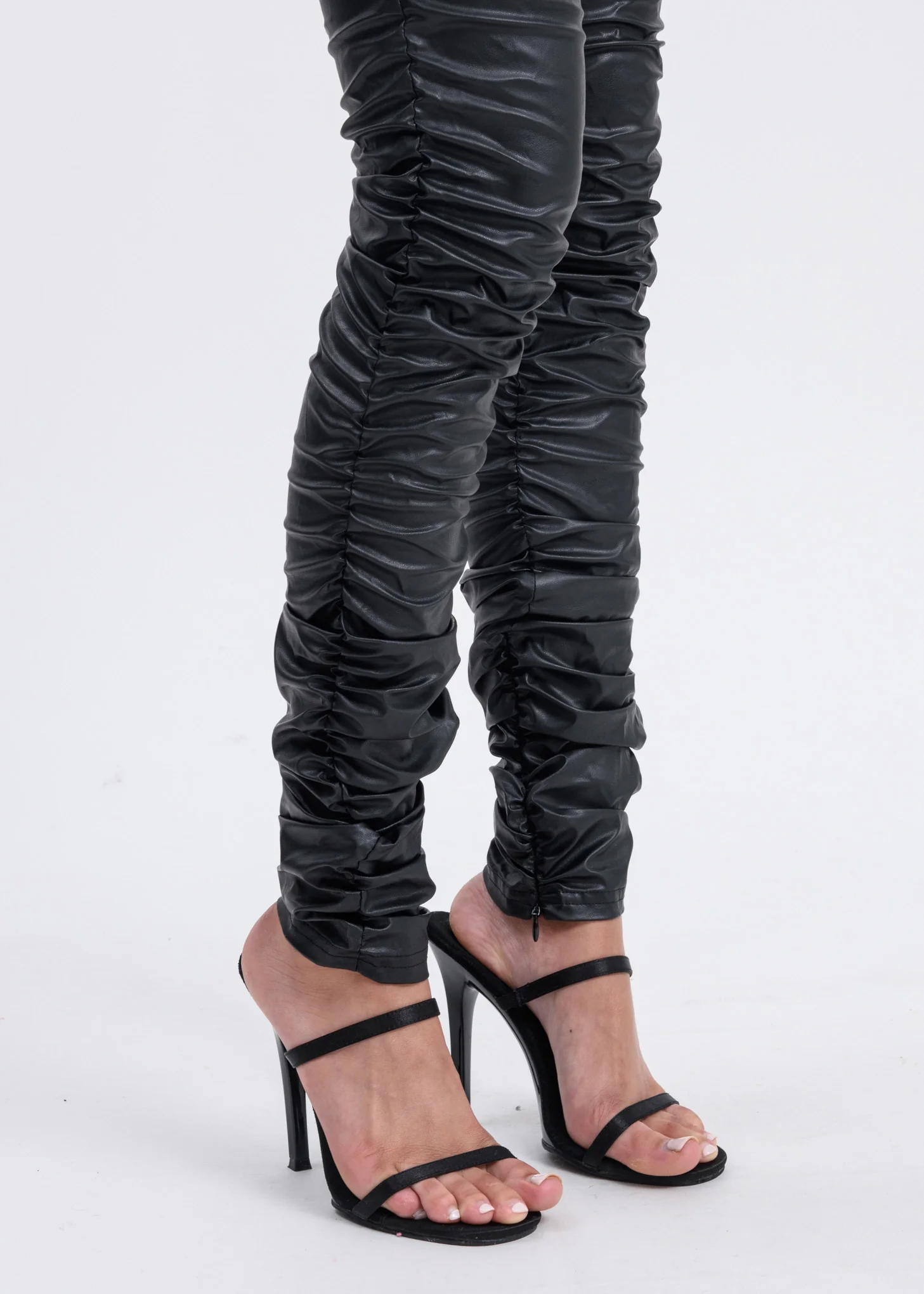 Black Faux Leather Shirred Leggings - Image 2