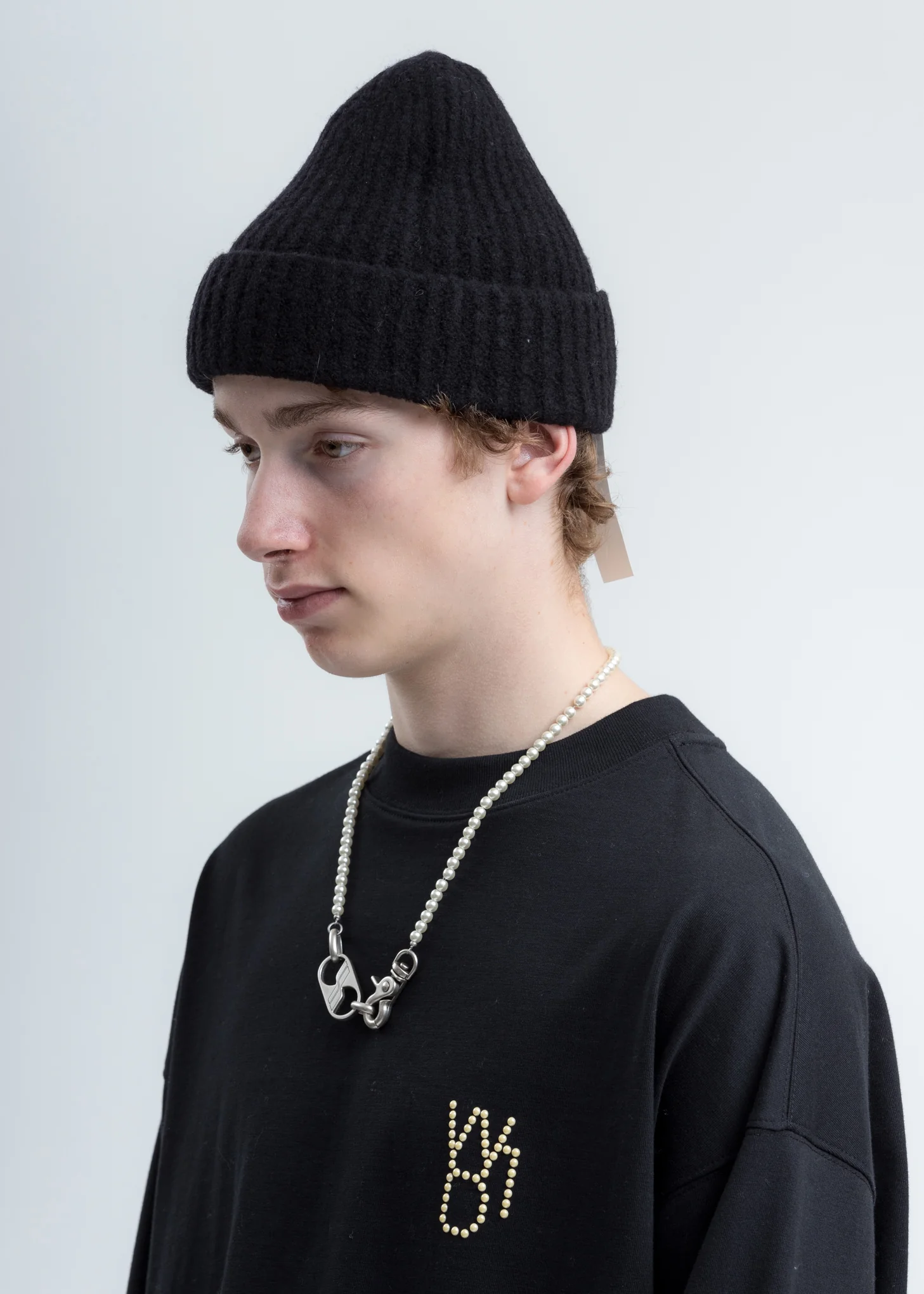 Black Felted Knit Long Beanie W/ Pin - Image 3
