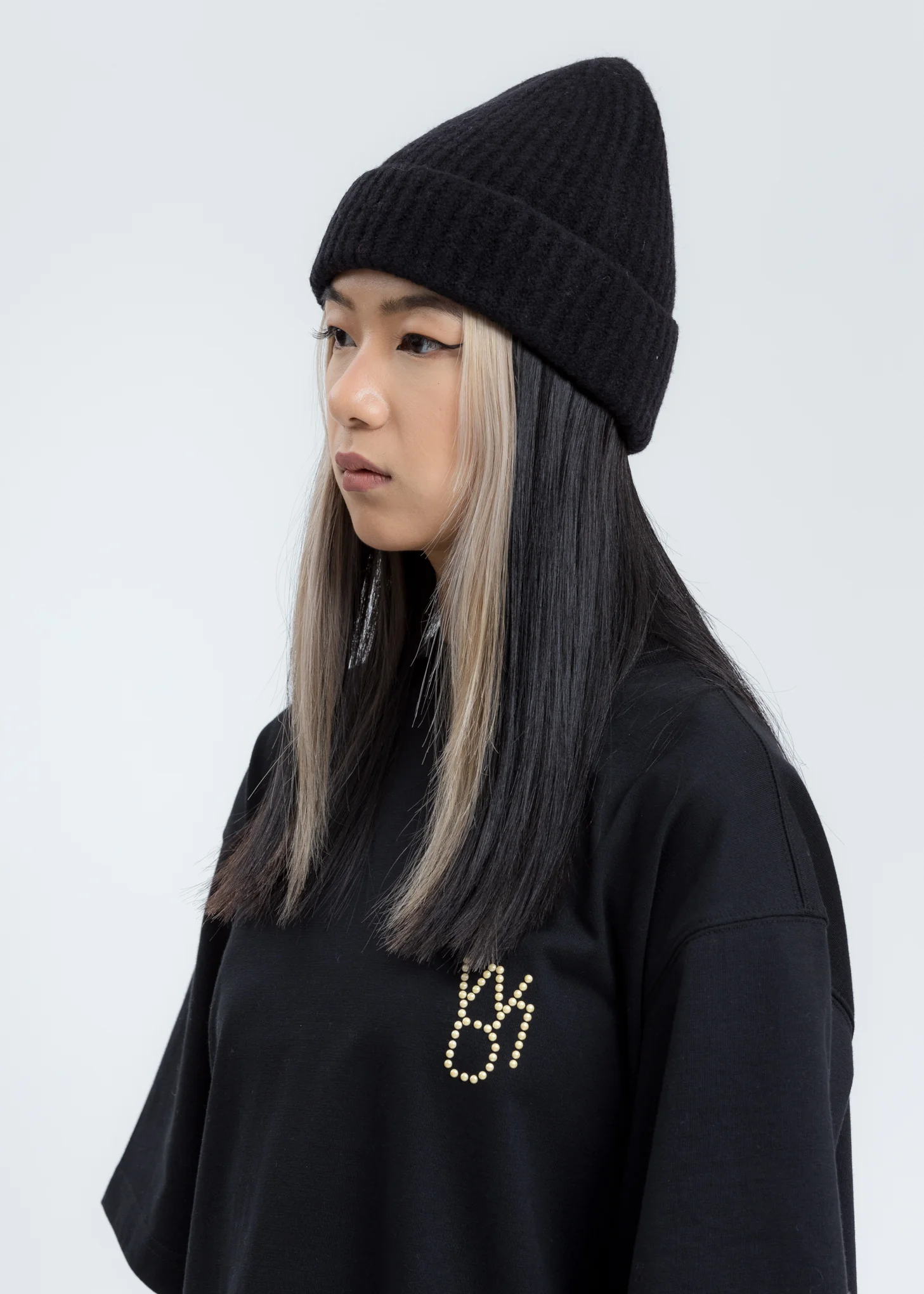 Black Felted Knit Long Beanie W/ Pin - Image 3