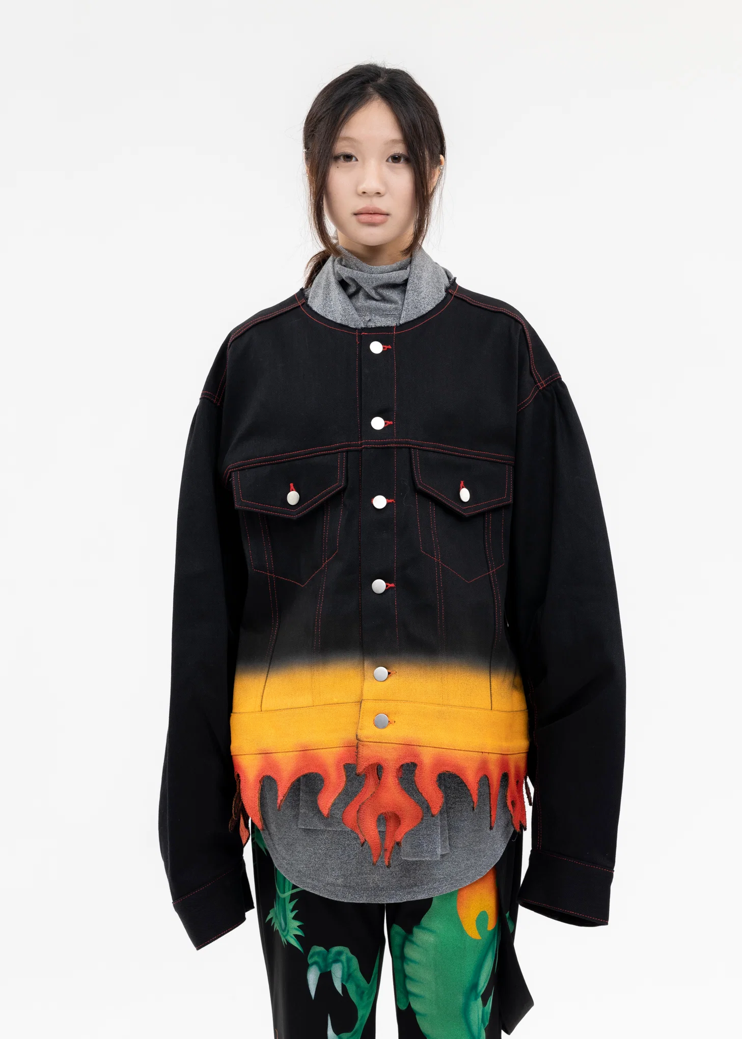 BLACK FLAME HEM DENIM JACKET