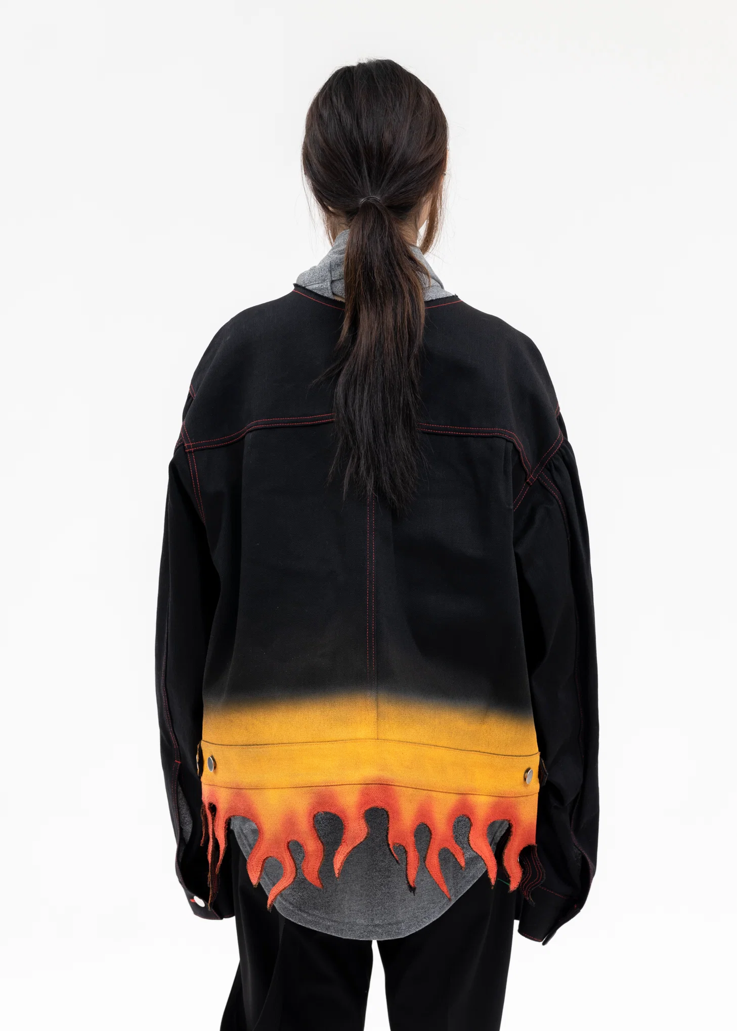 BLACK FLAME HEM DENIM JACKET - Image 2