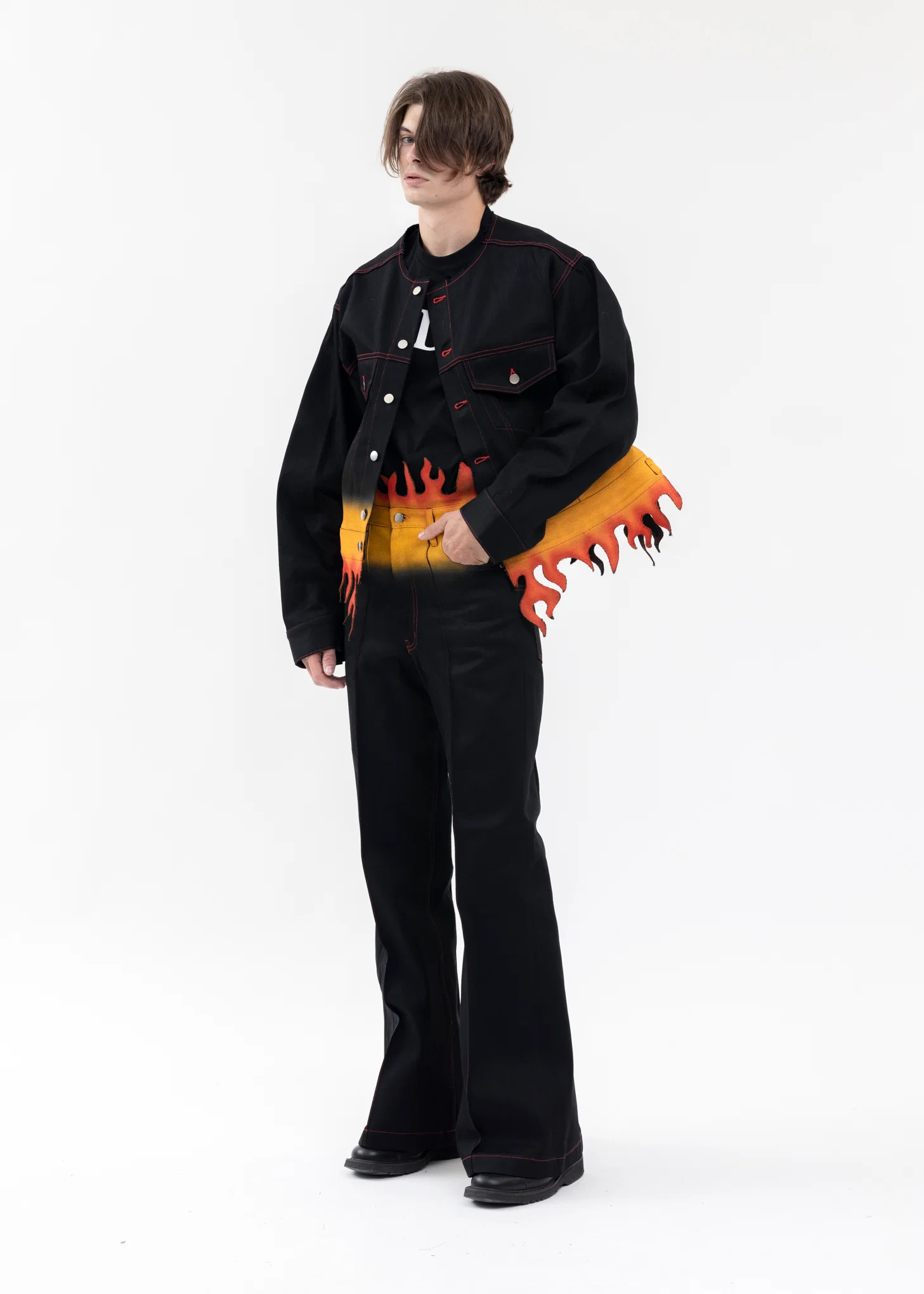 BLACK FLAME HEM DENIM JACKET - Image 8
