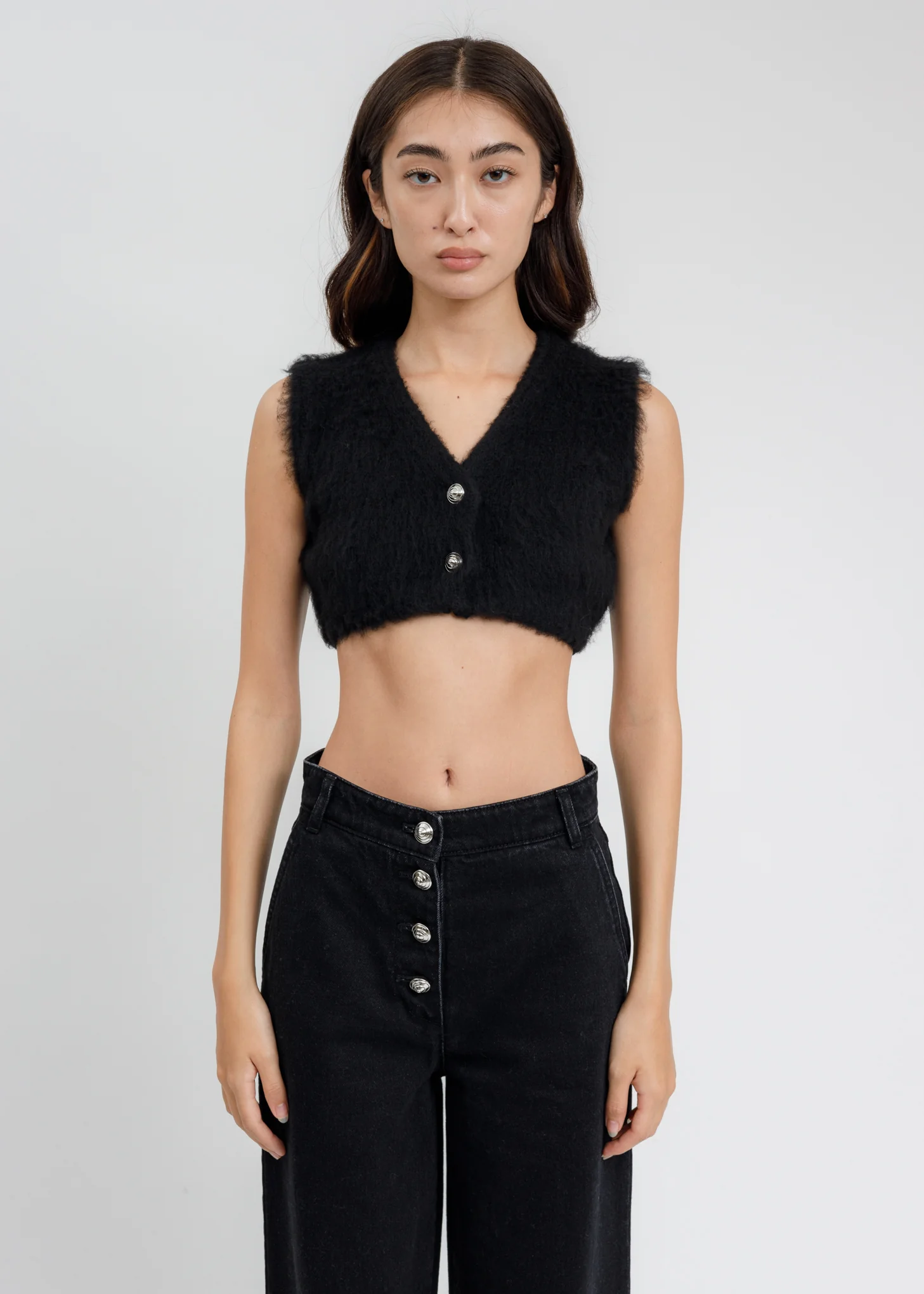 Black Furry V NECK Knit Crop Cardigan