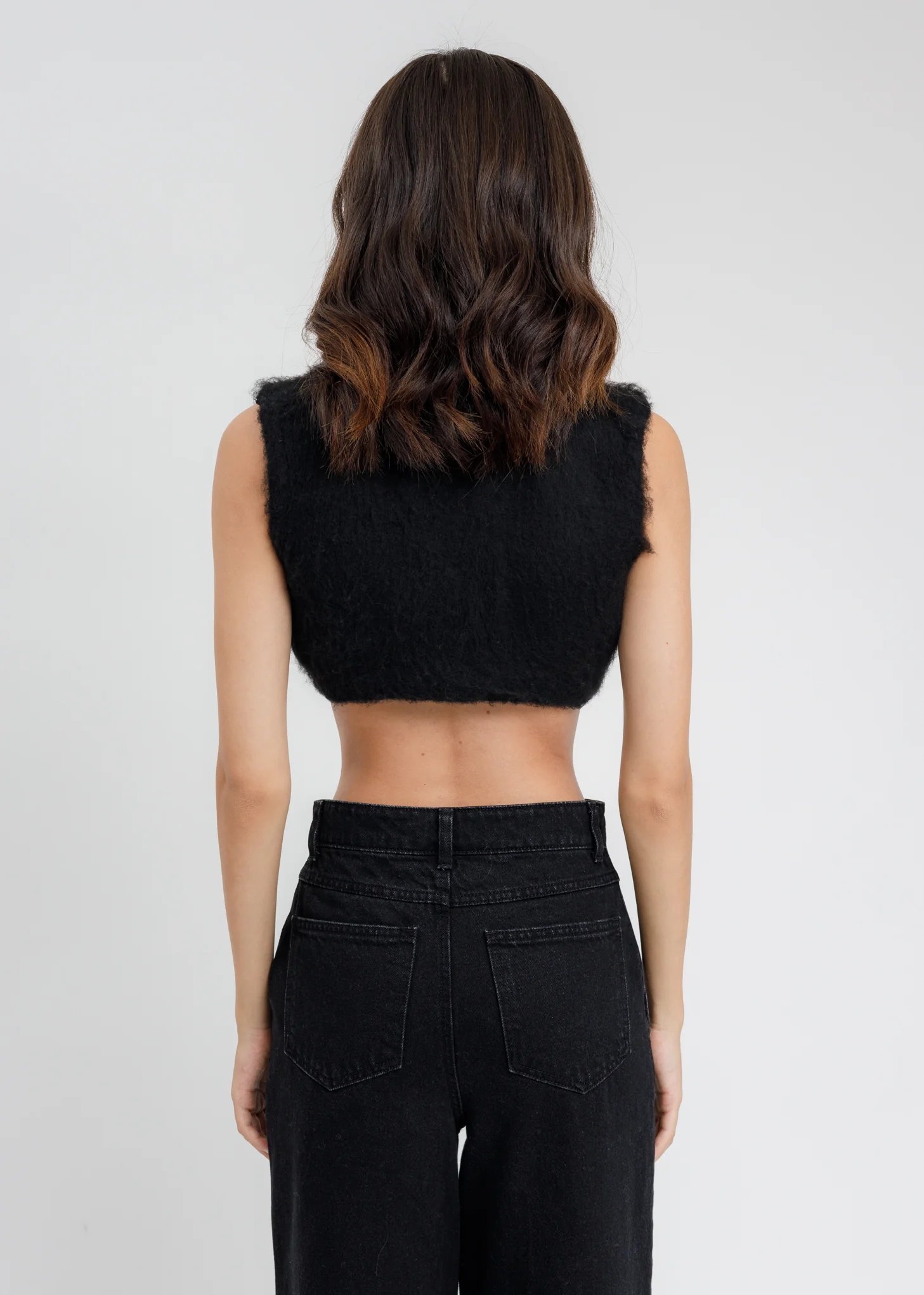 Black Furry V NECK Knit Crop Cardigan - Image 3