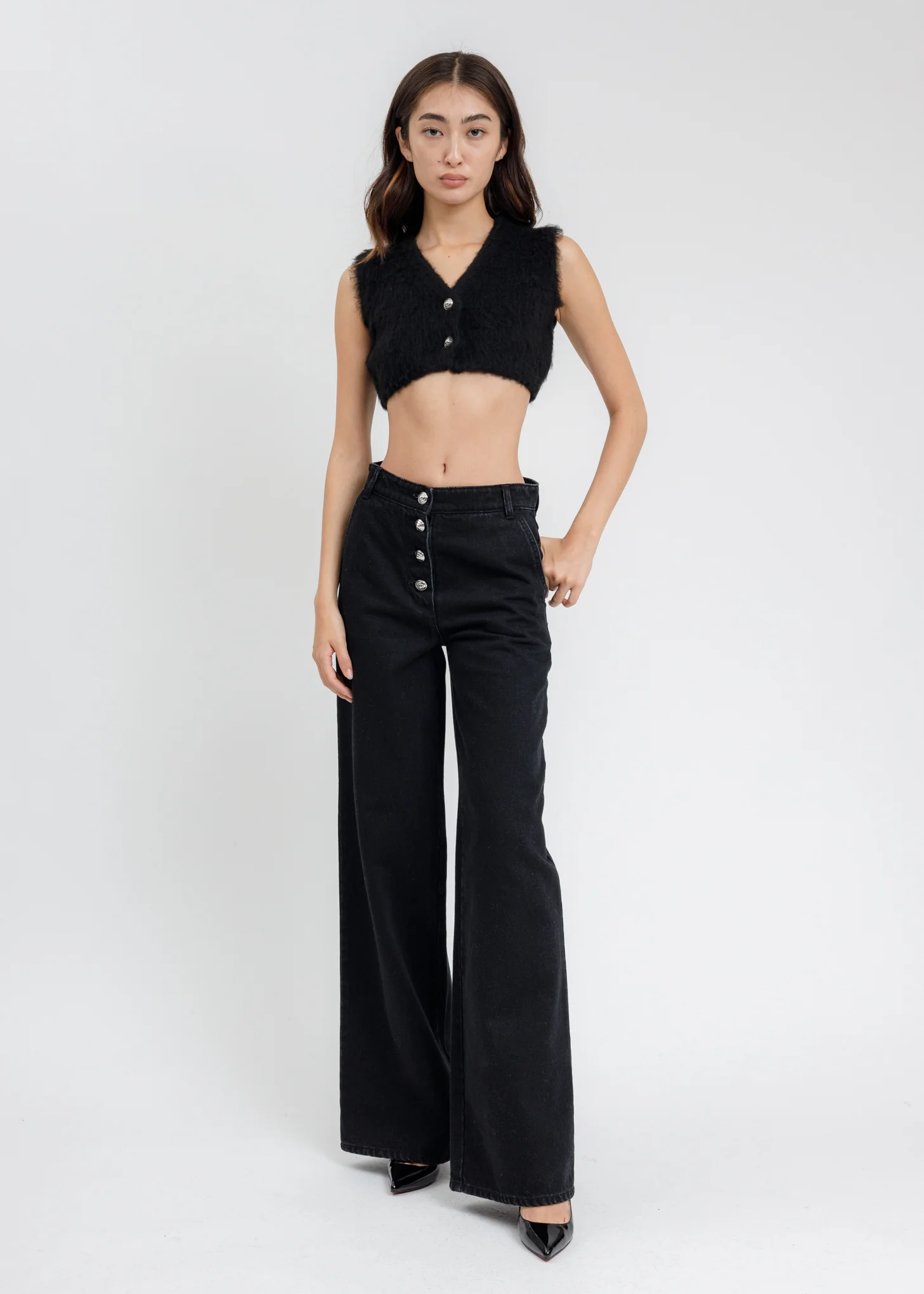 Black Furry V NECK Knit Crop Cardigan - Image 4