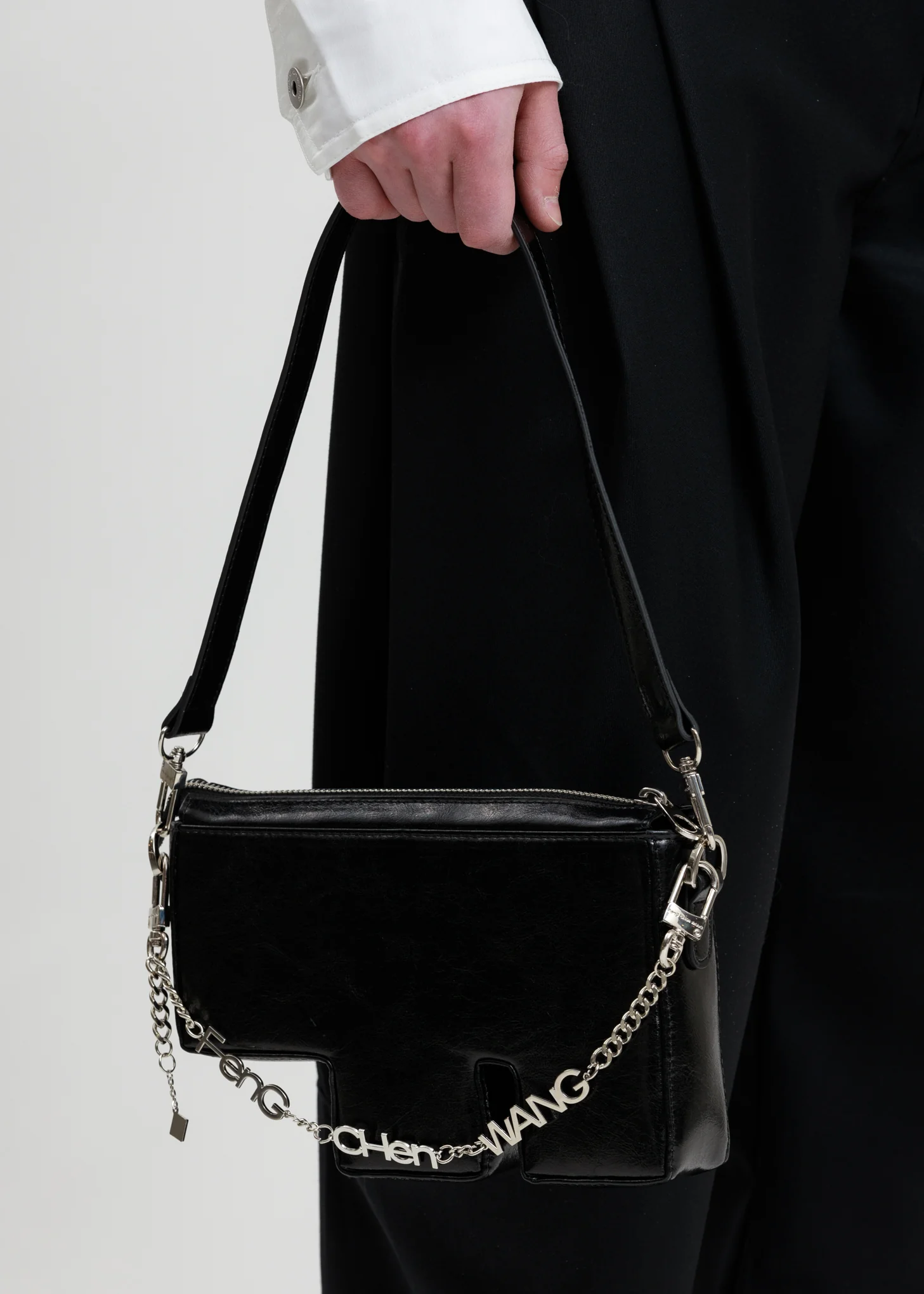 Black Shine Faux Leather F Bag