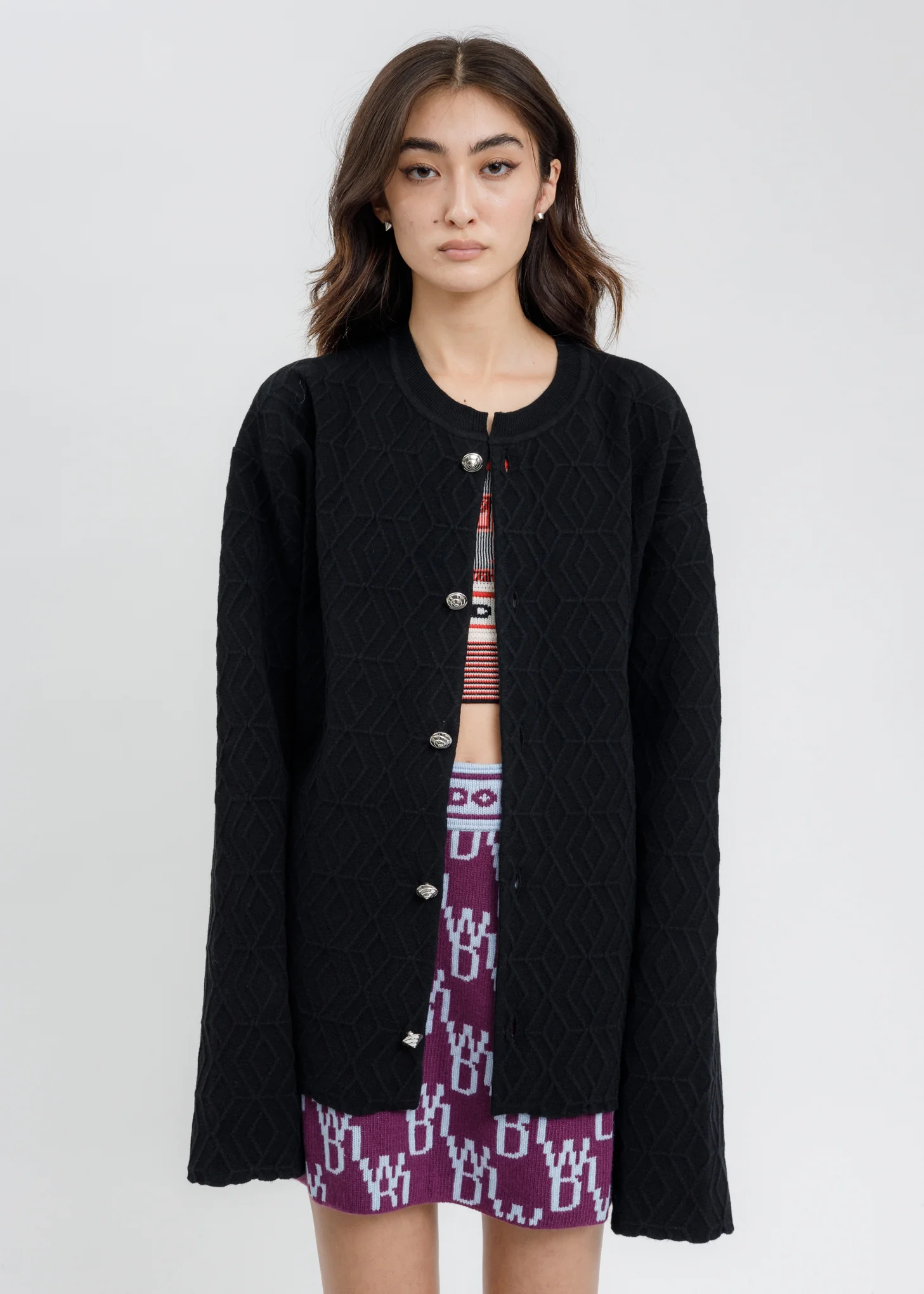 Black Geometric Pattern Knit Cardigan - Image 5