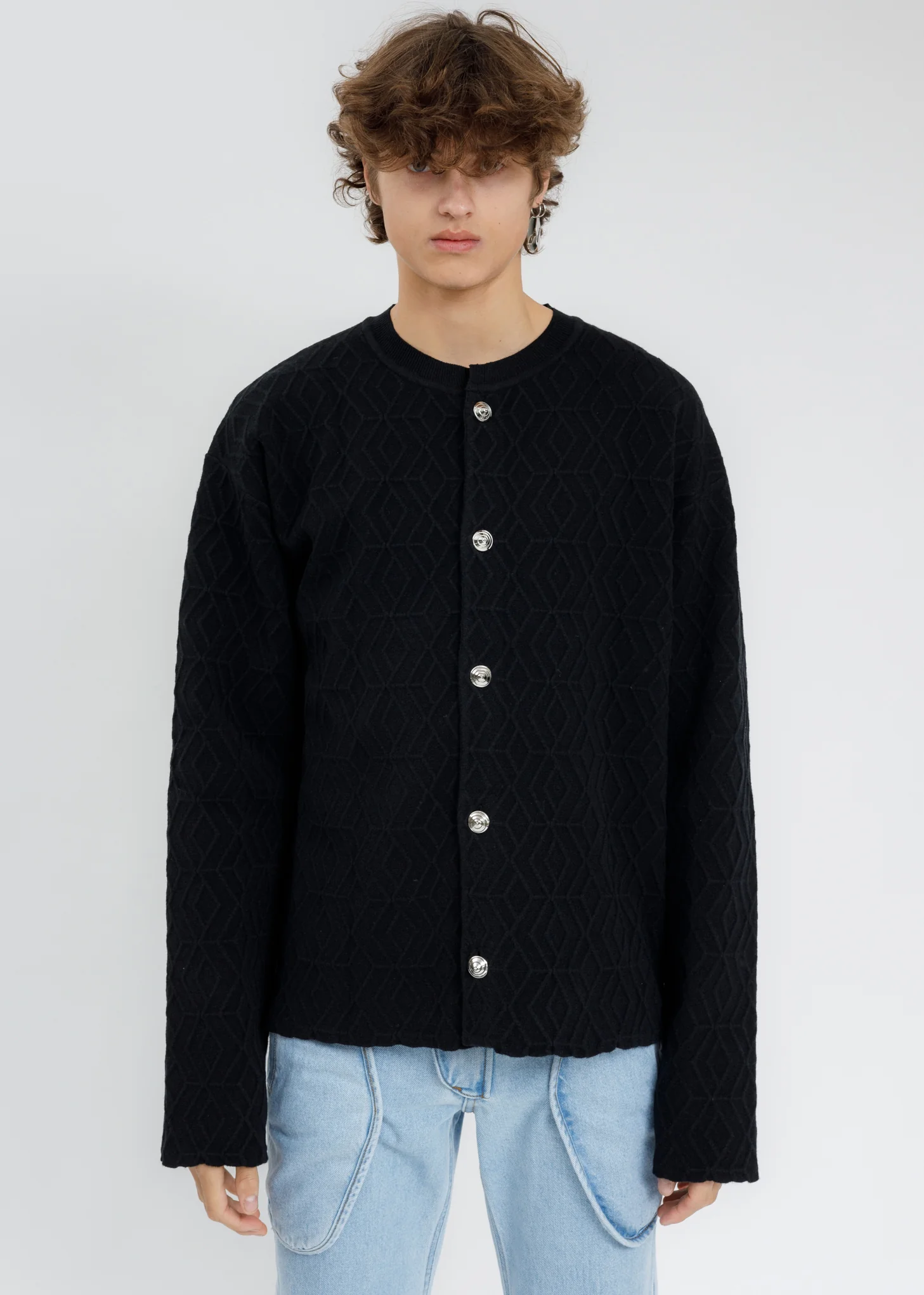 Black Geometric Pattern Knit Cardigan