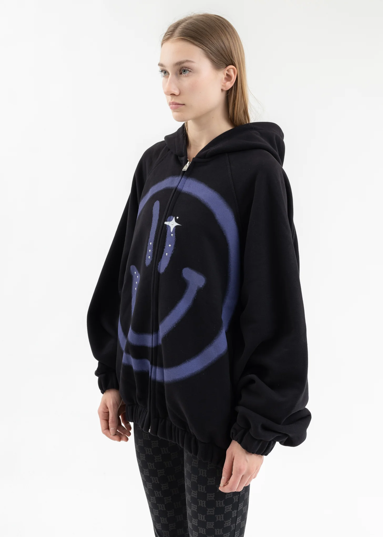 BLACK GIGA SMILEY ZIPPED HOODIE - Image 3