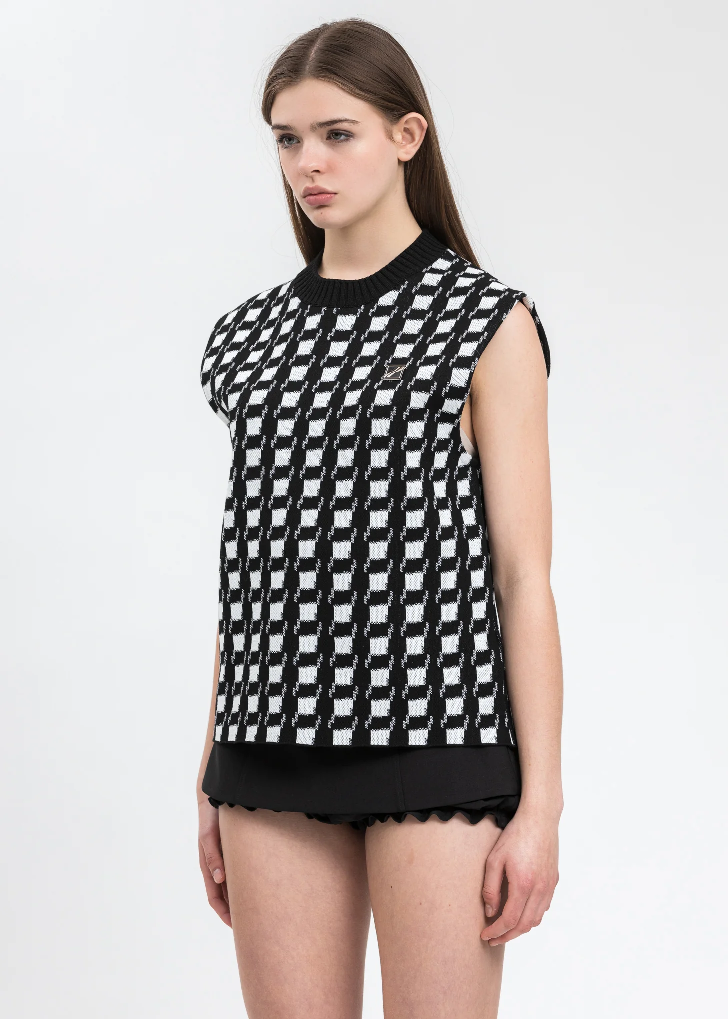 Black Gingham Check Jacquard Vest - Image 2