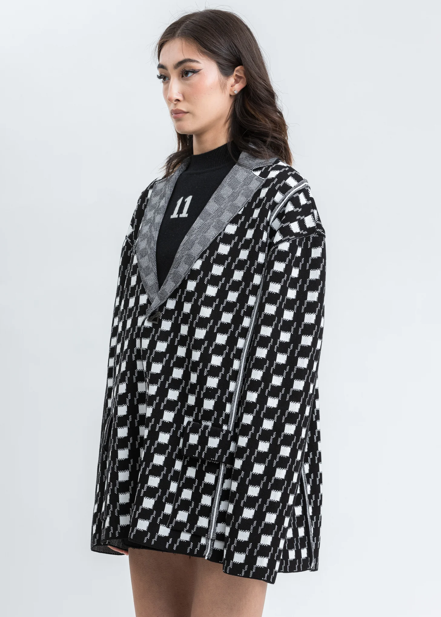 Black Gingham Check Oversize Jacquard Jacket - Image 3