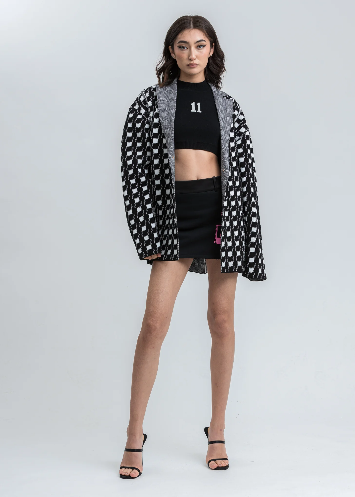 Black Gingham Check Oversize Jacquard Jacket - Image 7