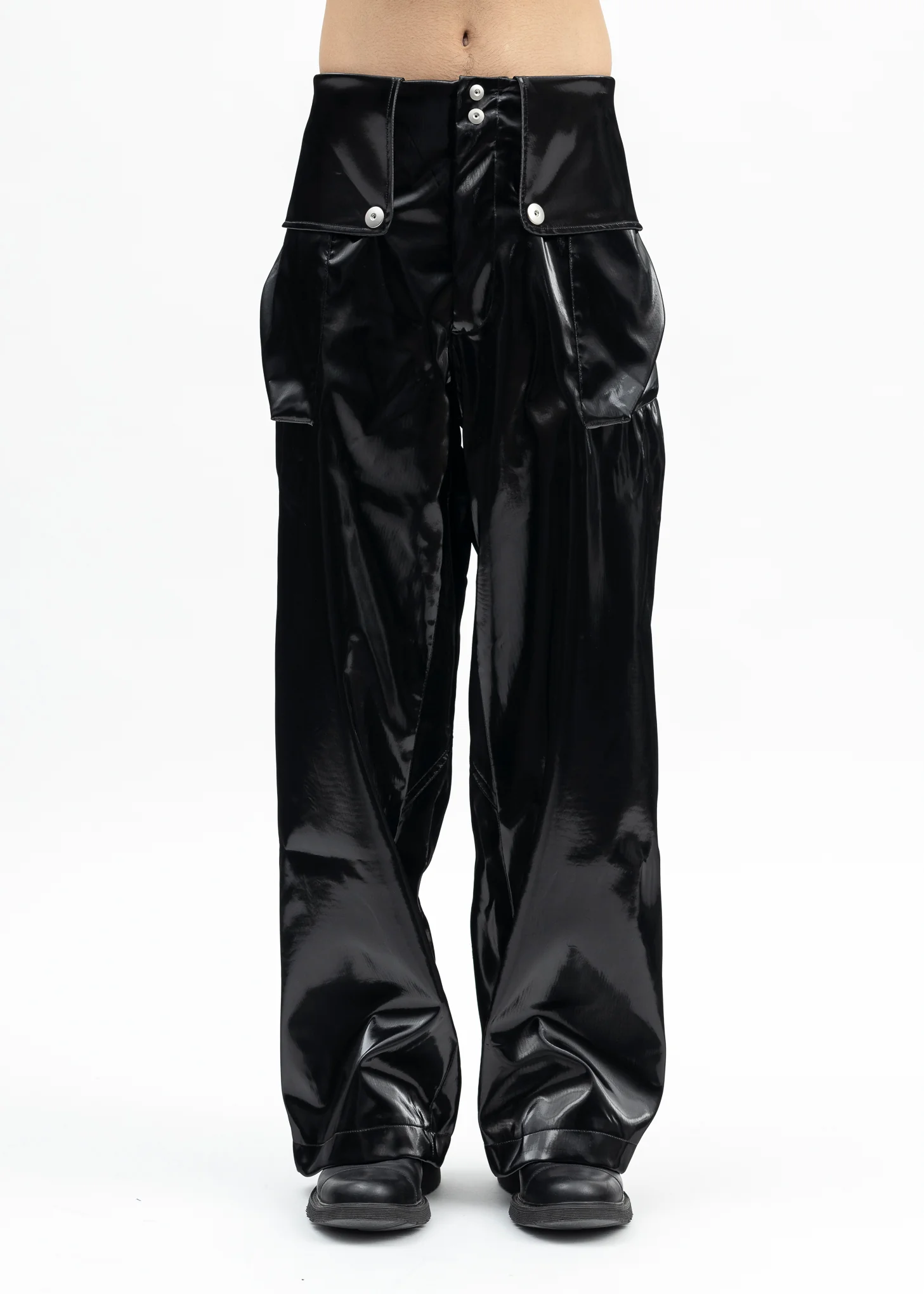BLACK GLOSSY ENAMEL FLAP TROUSERS