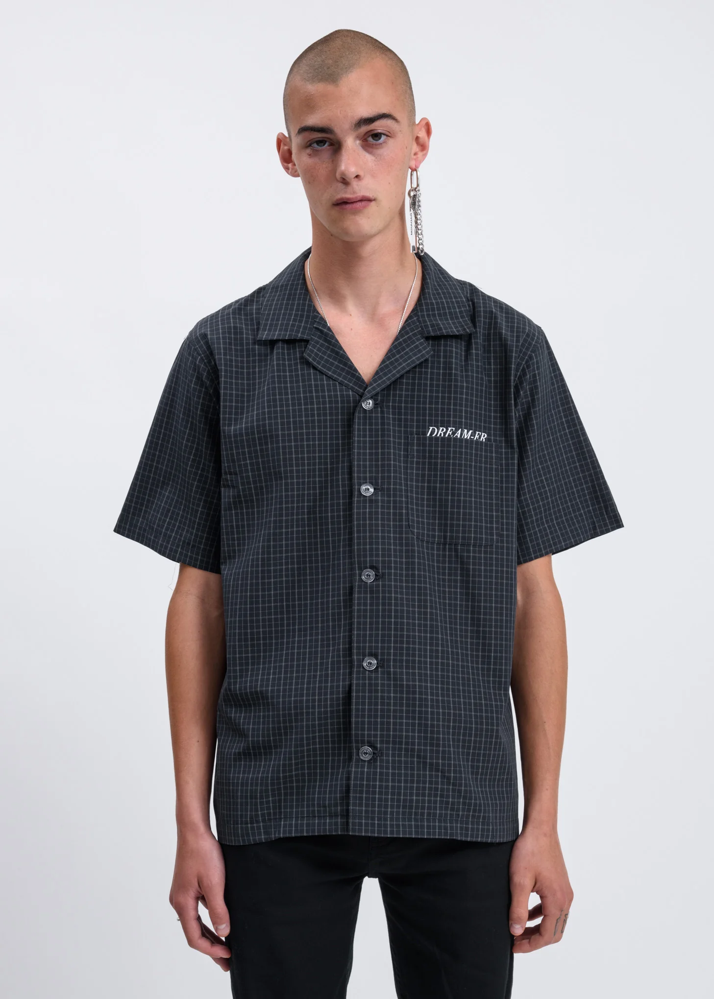 Black Graphic Print Open-collar Checked Shirt - Image 2
