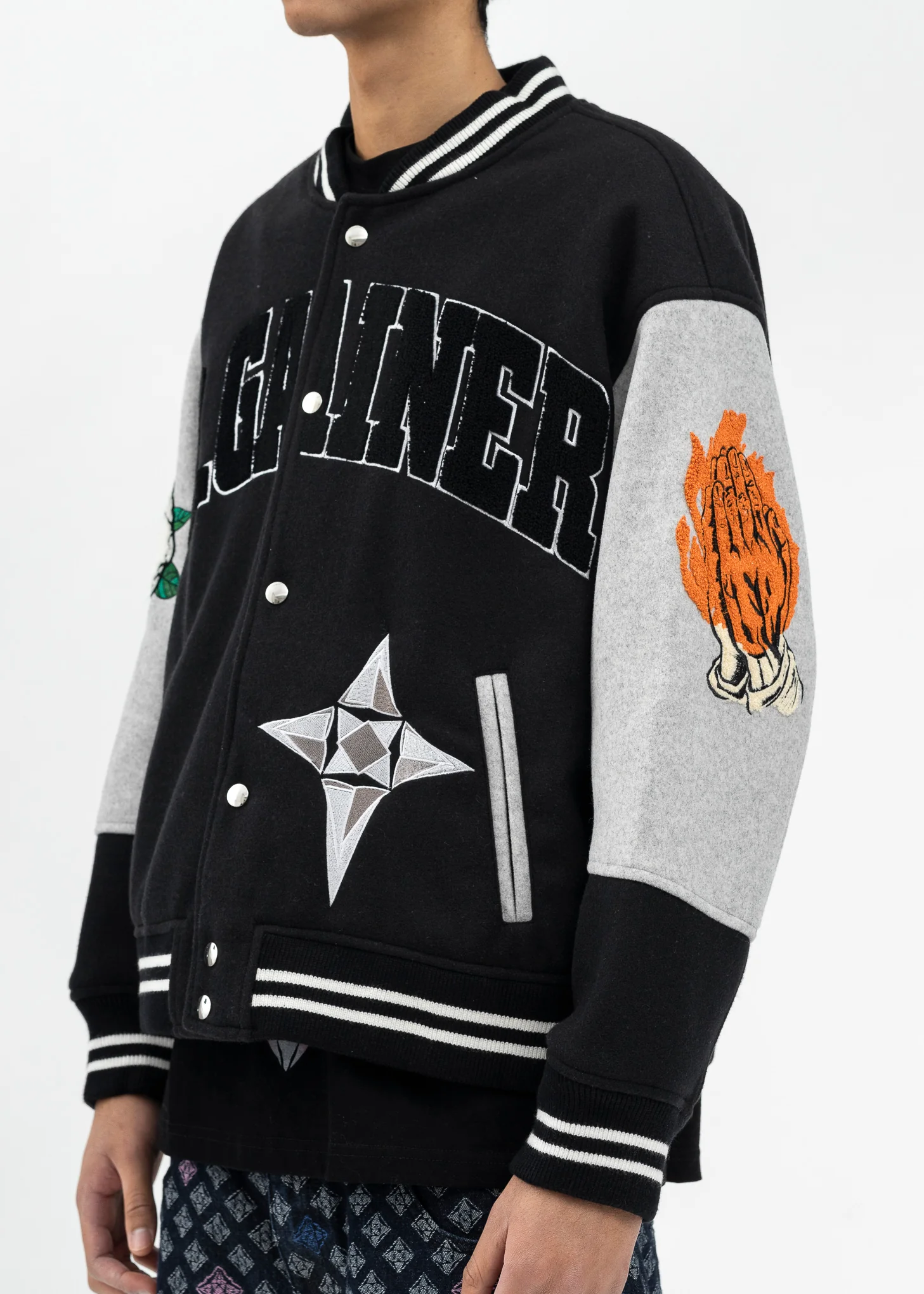 BLACK/GREY ROSE EMBROIDERY PATCHWORK BOMBER JACKET - Image 4