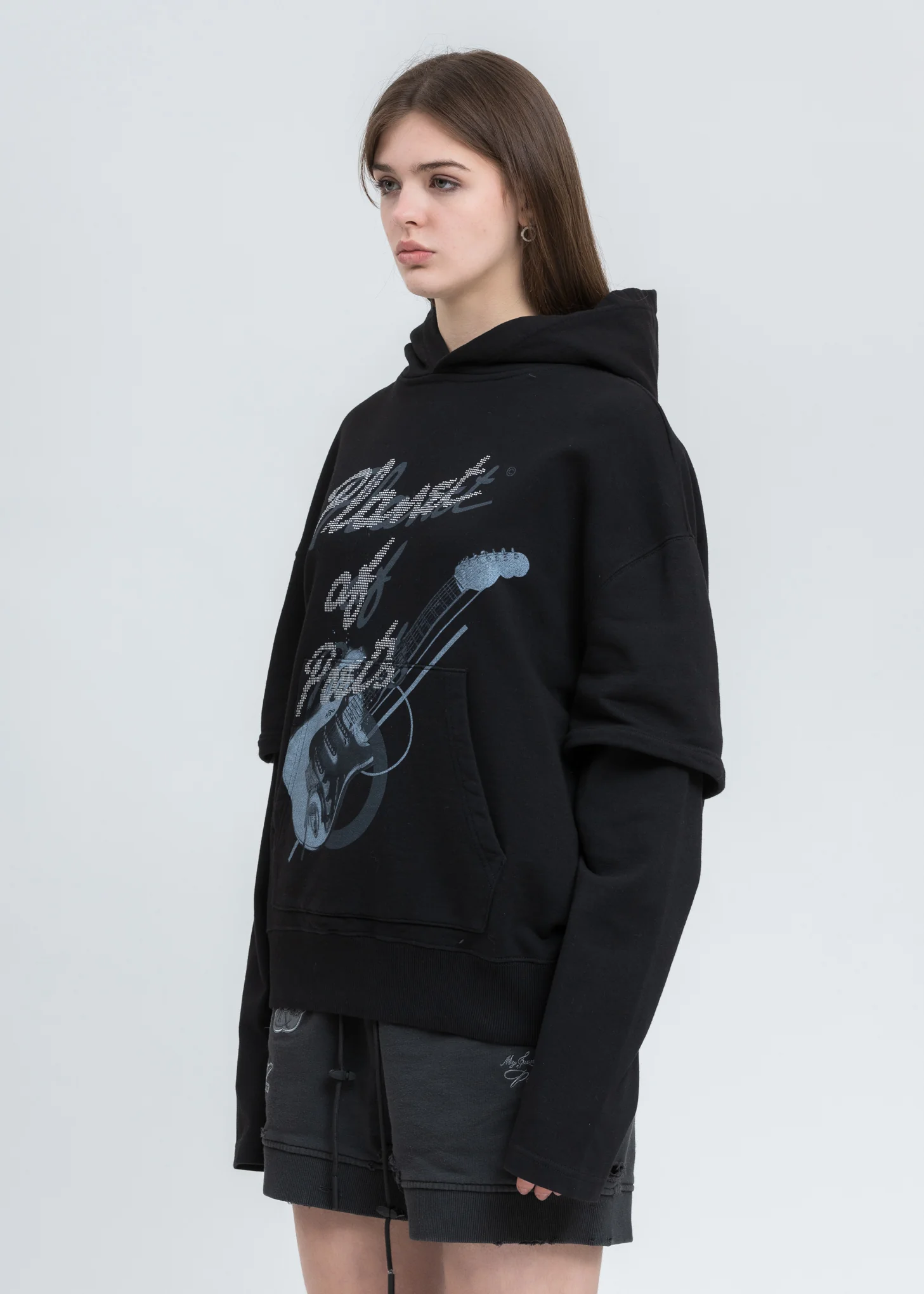 Black “Grunge Guitar” Double Layer Hoodie - Image 3