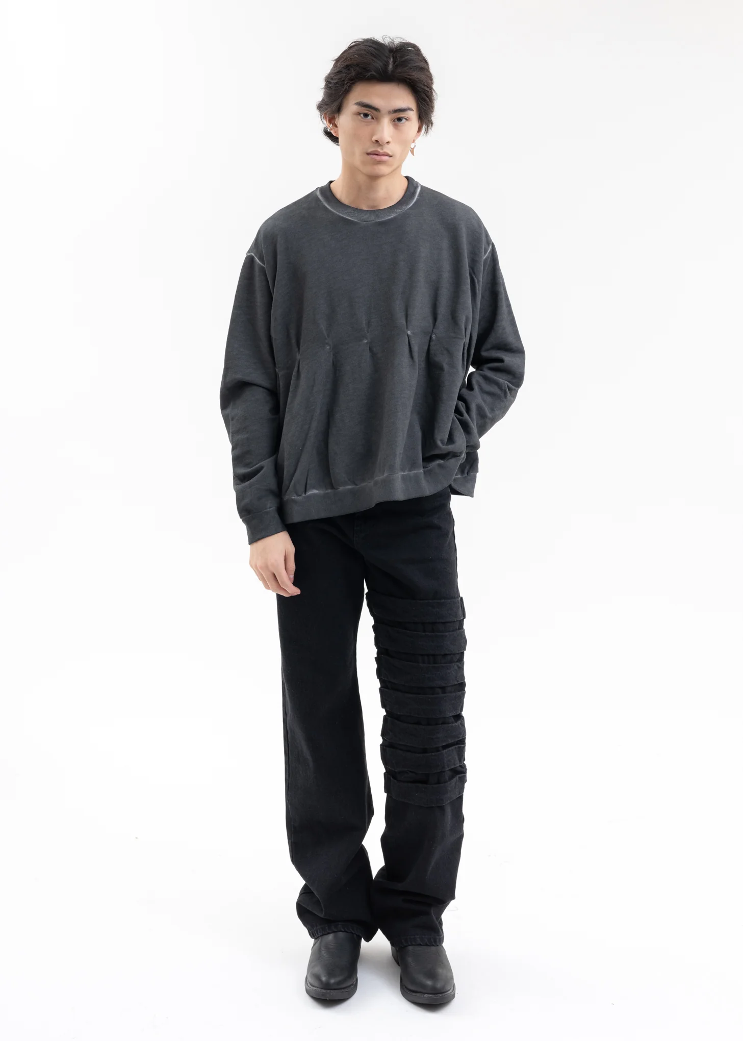 BLACK HALF PLASTER DENIM PANTS - Image 6