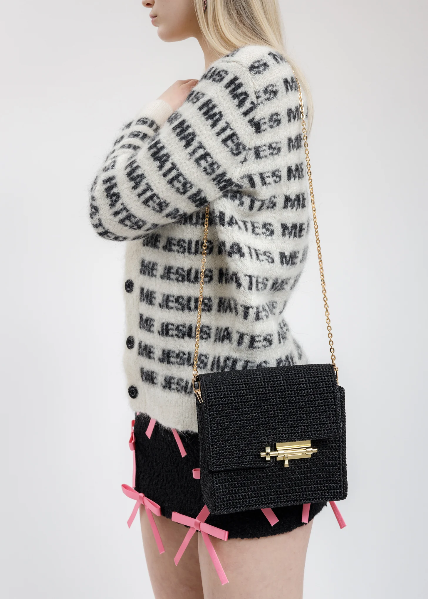 Black Handmade Crochet Bag With Metal Chain - Image 2