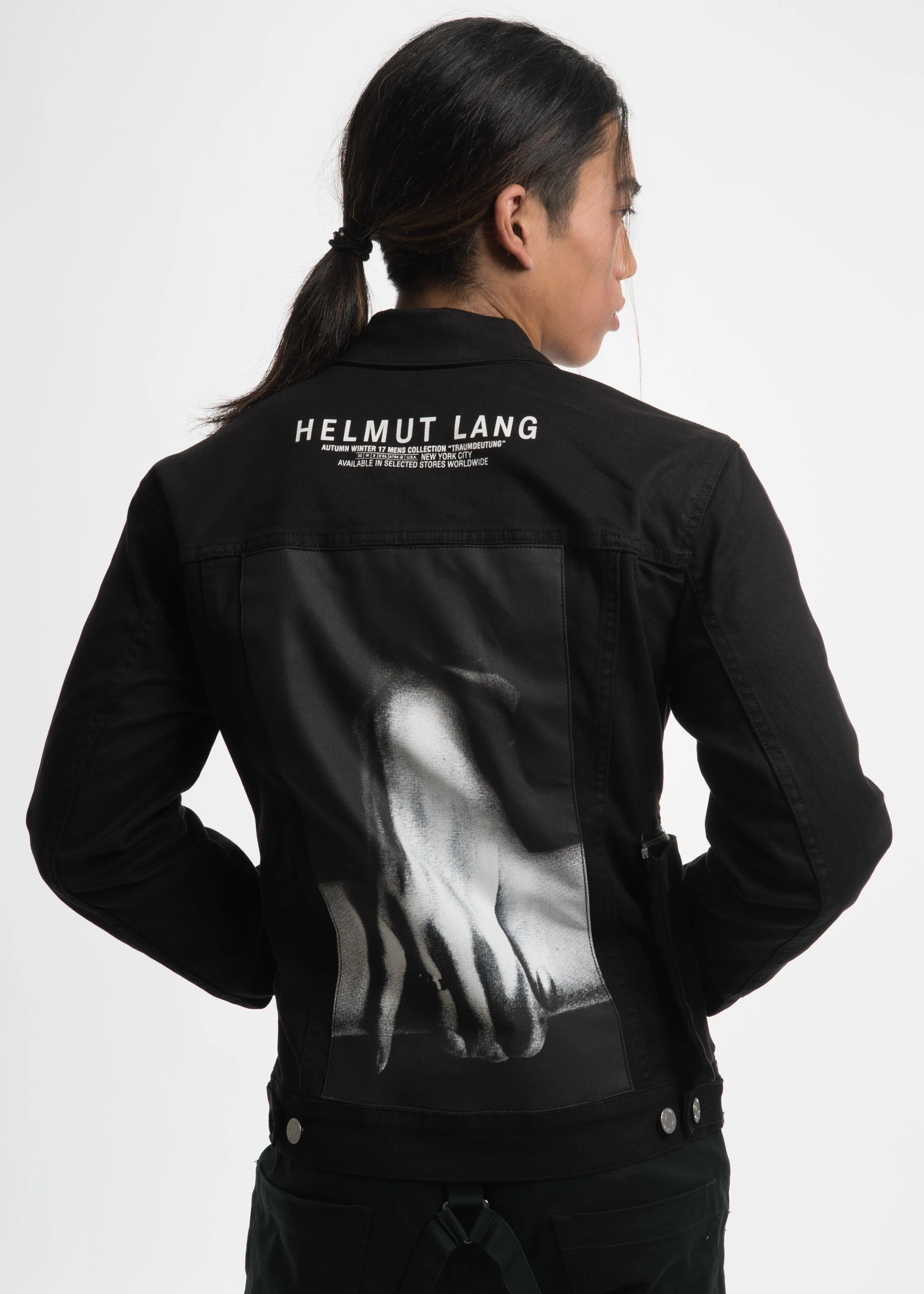 Black Hand Print Zip Denim Jacket