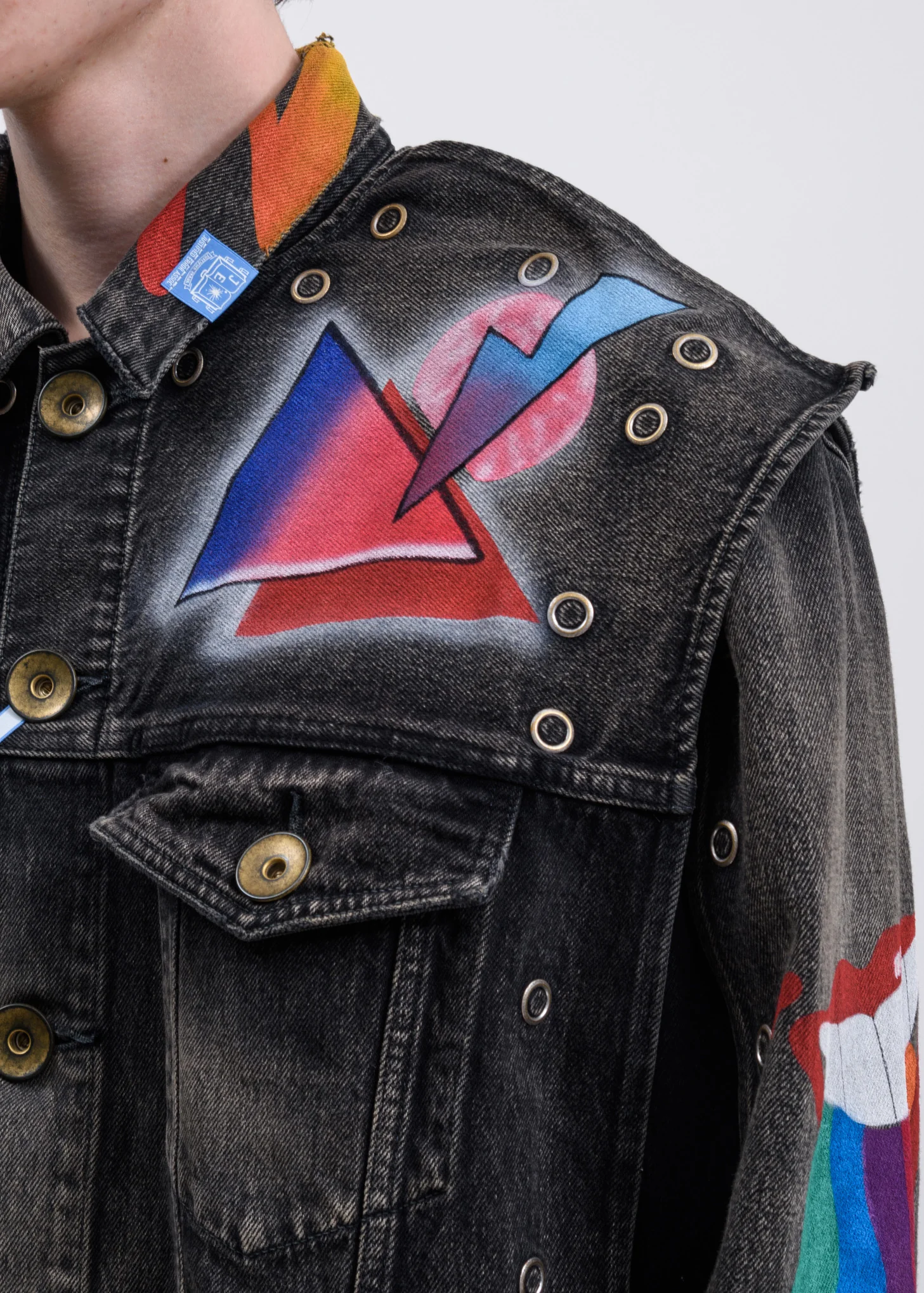 Black Hand Printed Removable Denim Jacket - Image 3