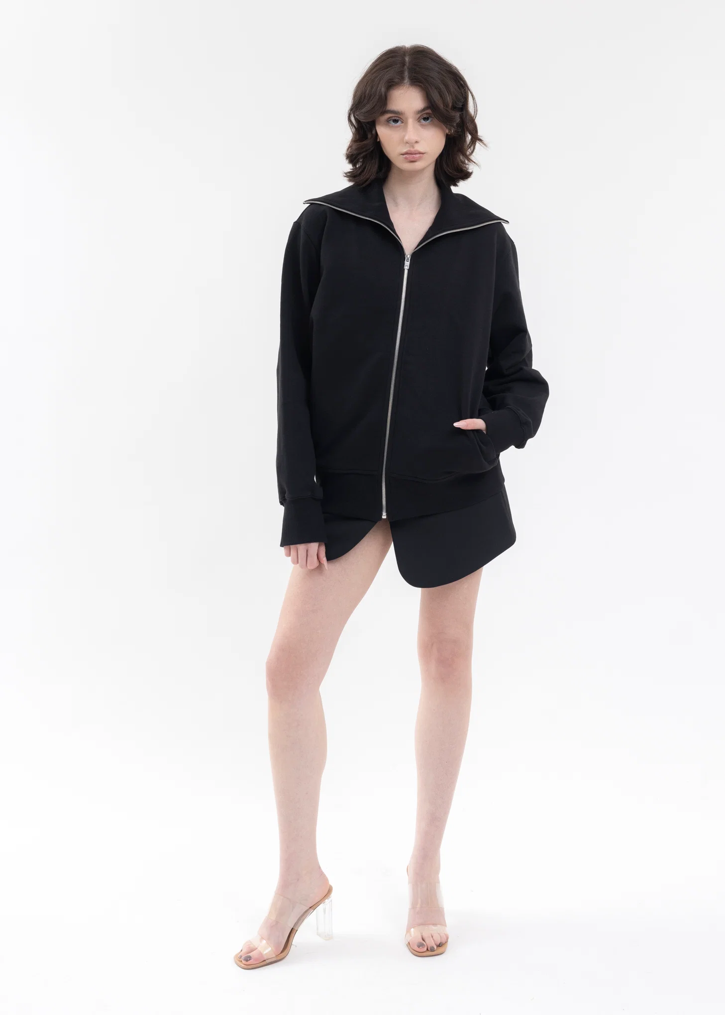 BLACK HIGH-NECK ZIP UP JERSEY JACKET - Image 5