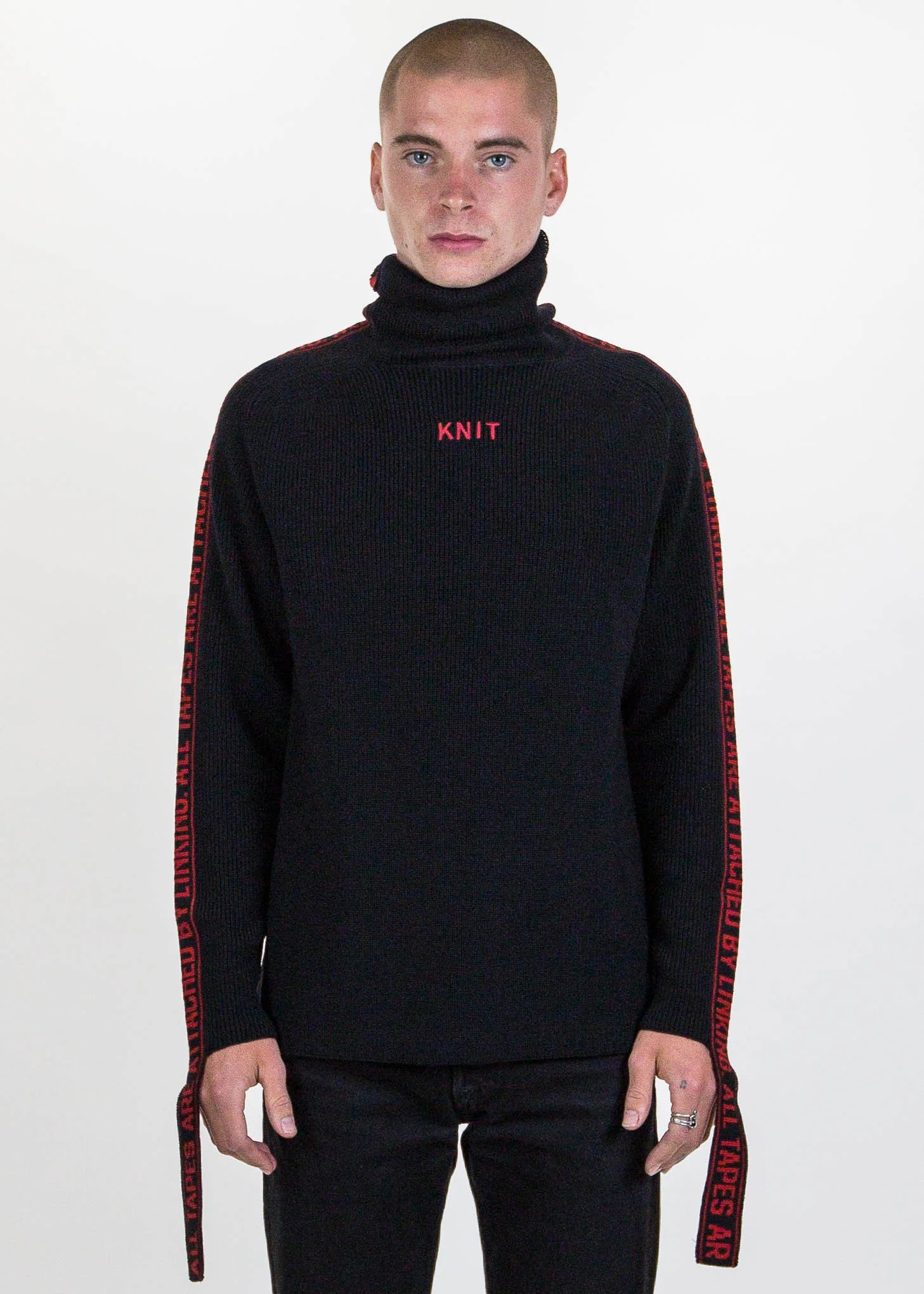 Black Jacquard Tape Attached Knit Sweater - Image 2