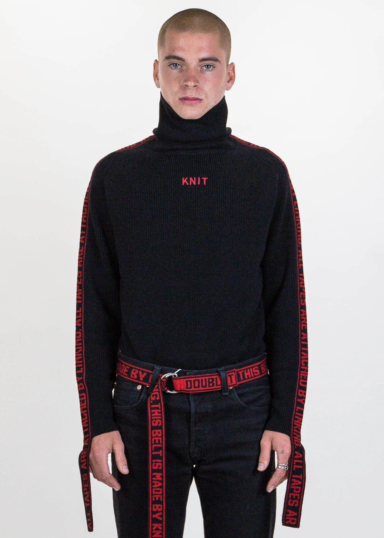 Black Jacquard Tape Attached Knit Sweater - Image 3