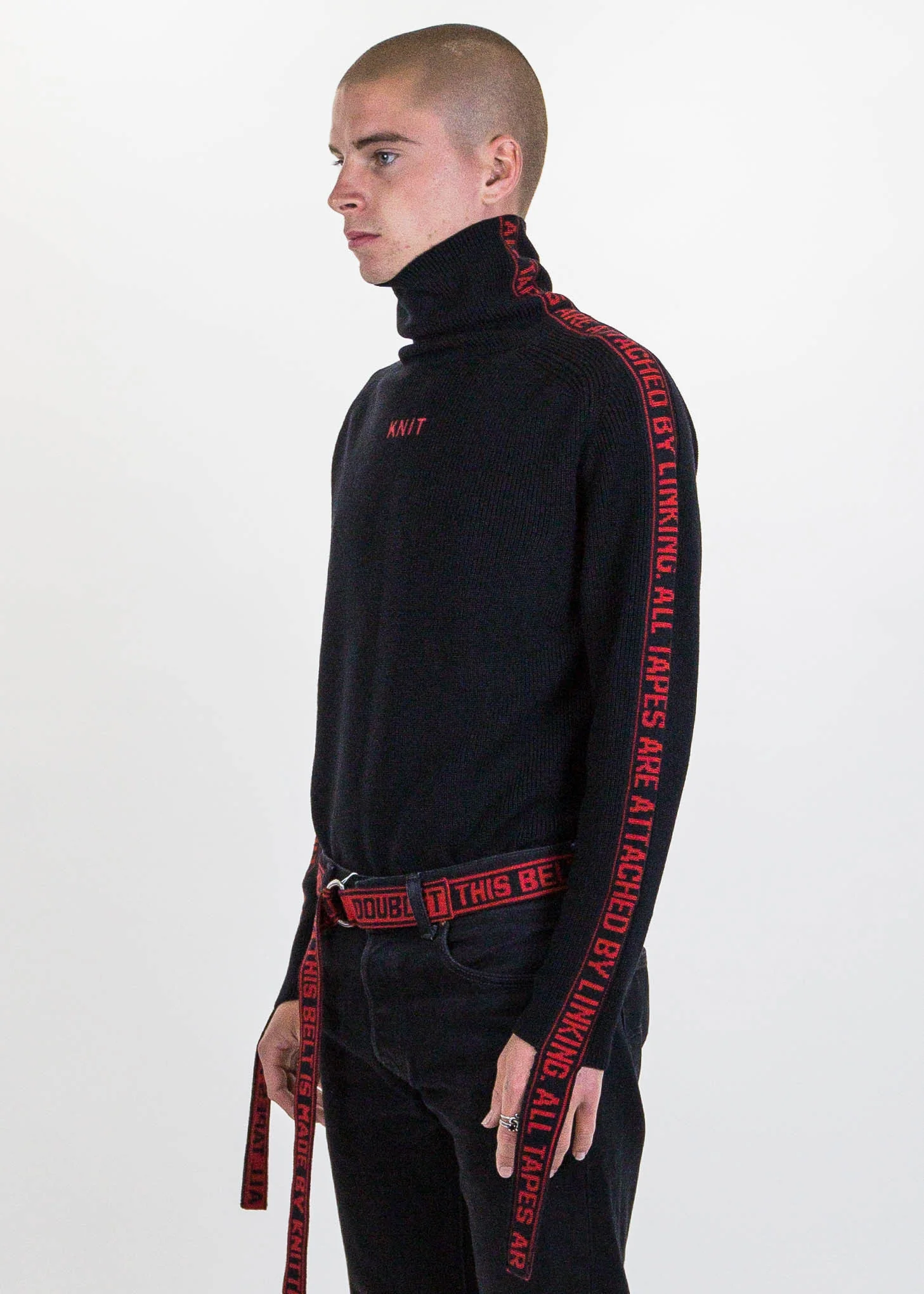 Black Jacquard Tape Attached Knit Sweater - Image 4