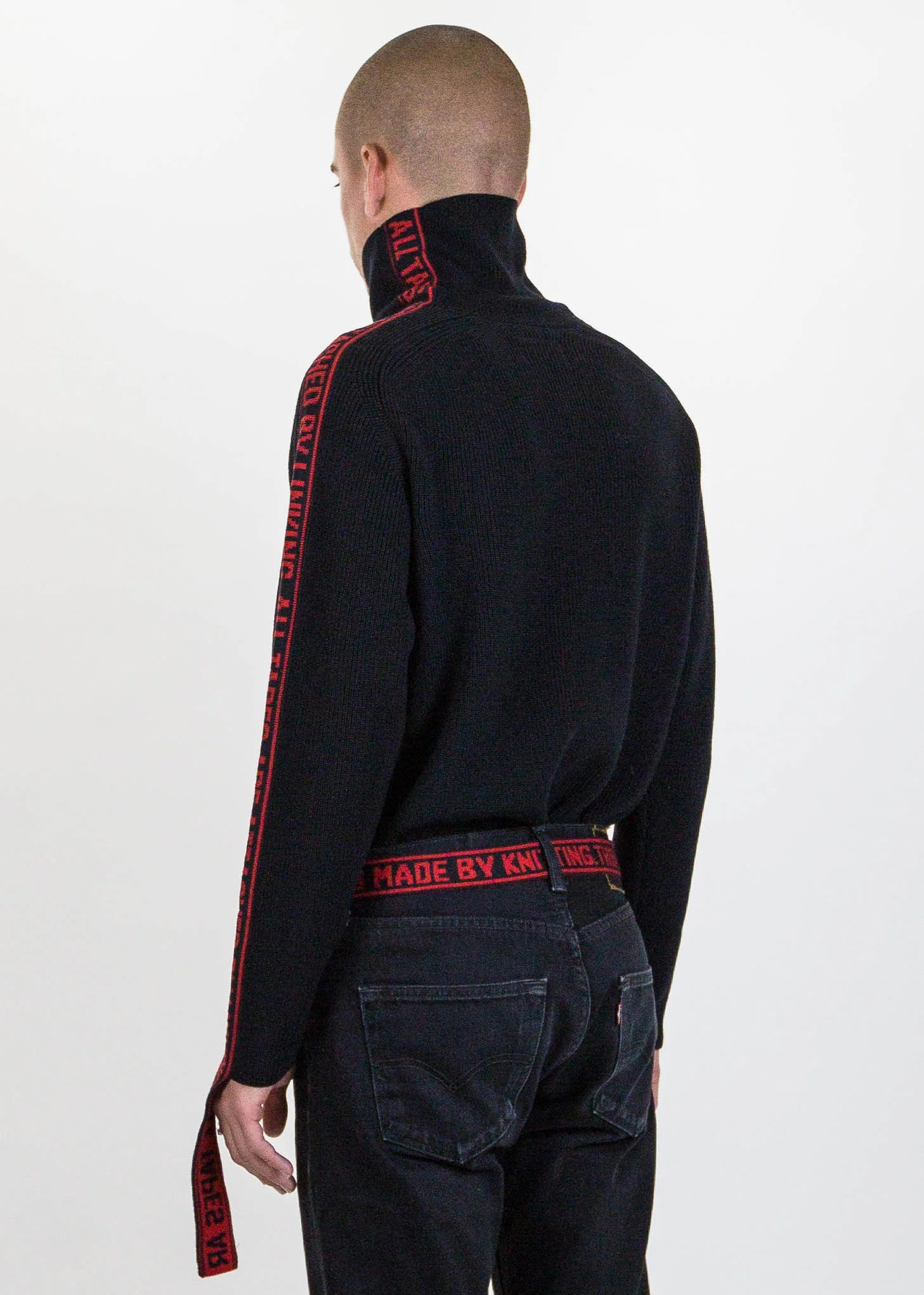 Black Jacquard Tape Attached Knit Sweater - Image 5