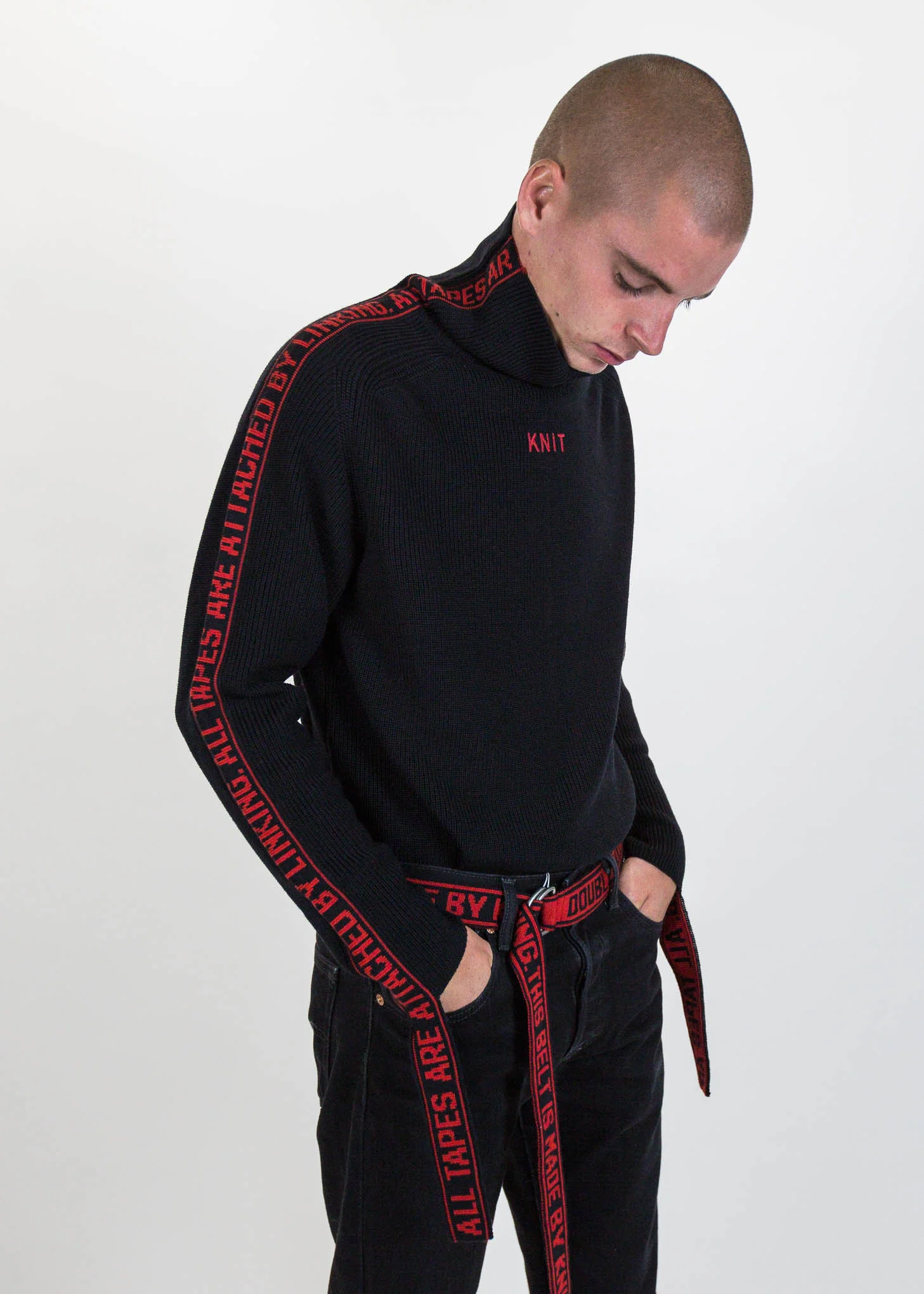 Black Jacquard Tape Attached Knit Sweater - Image 7