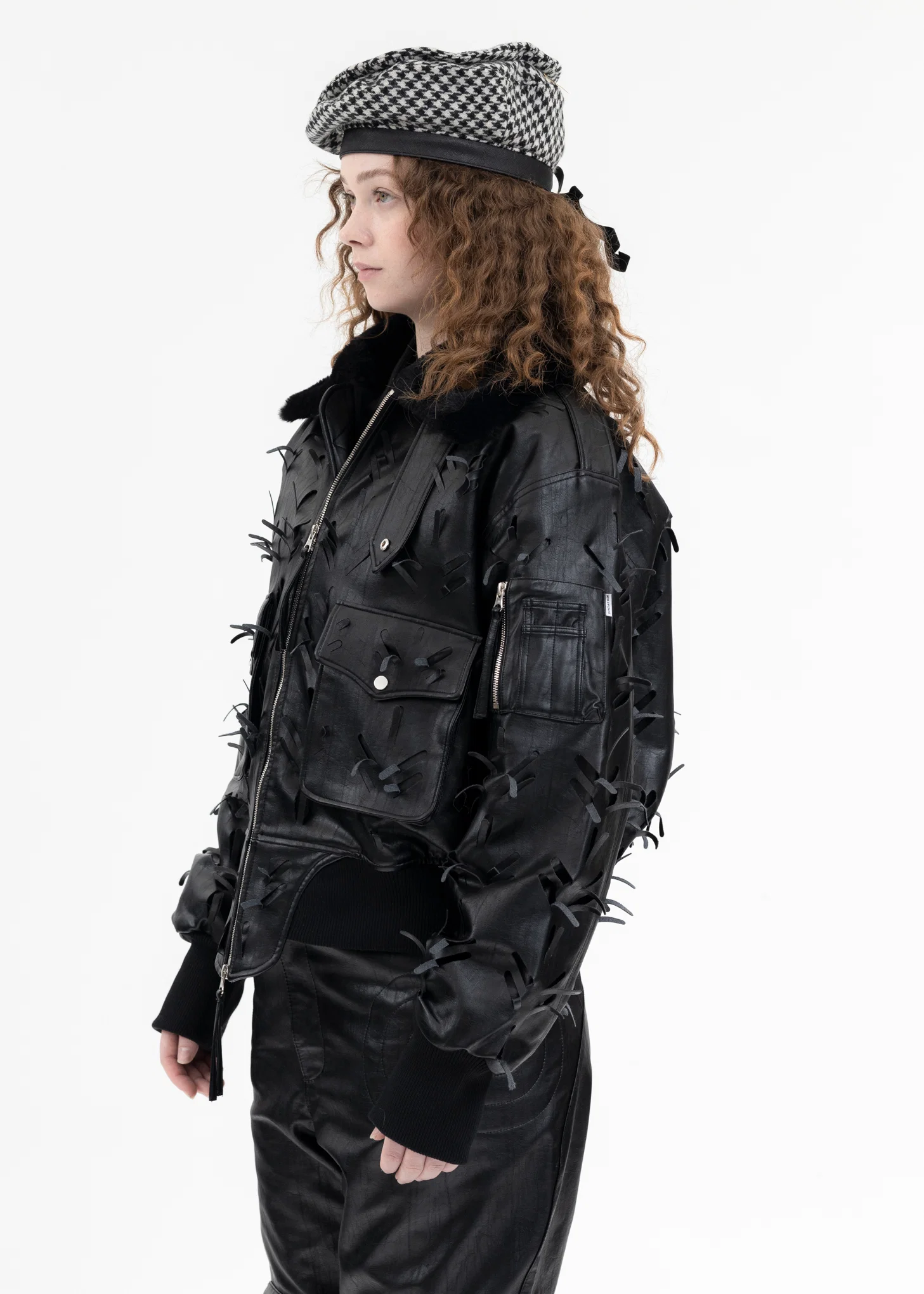 BLACK LASER-SLASHED A-2 FLIGHT FAUX LEATHER JACKET - Image 3