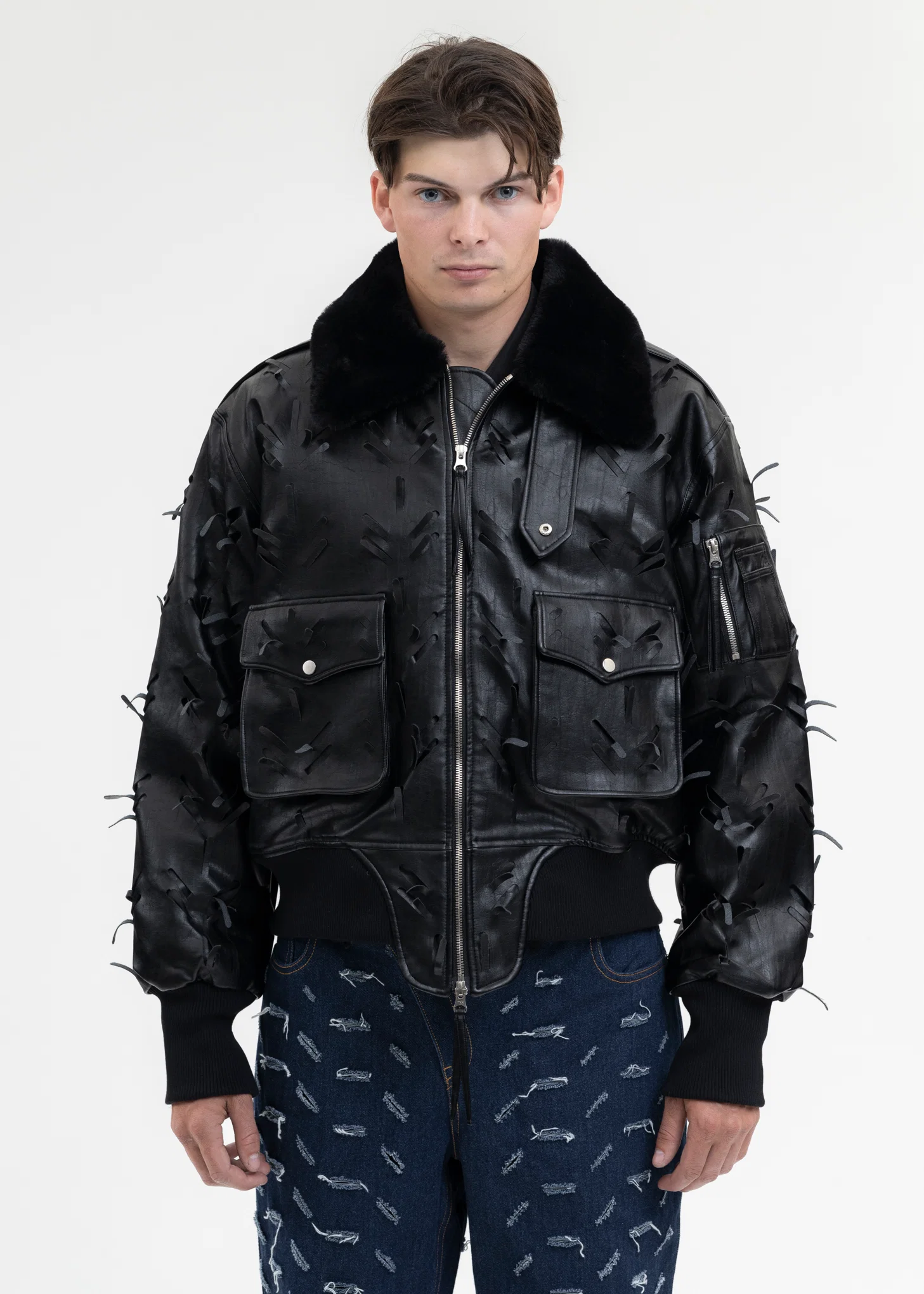 BLACK LASER-SLASHED A-2 FLIGHT FAUX LEATHER JACKET