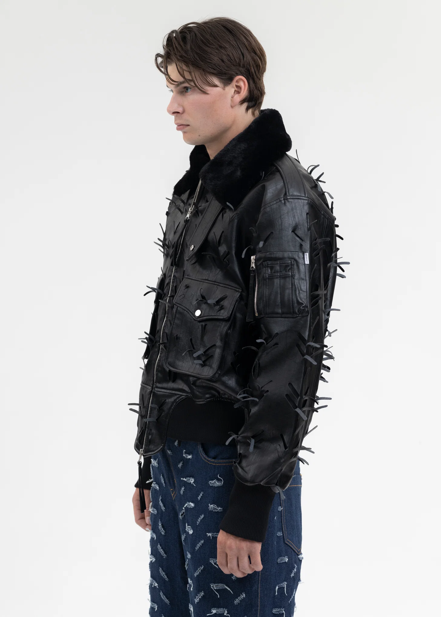 BLACK LASER-SLASHED A-2 FLIGHT FAUX LEATHER JACKET - Image 3